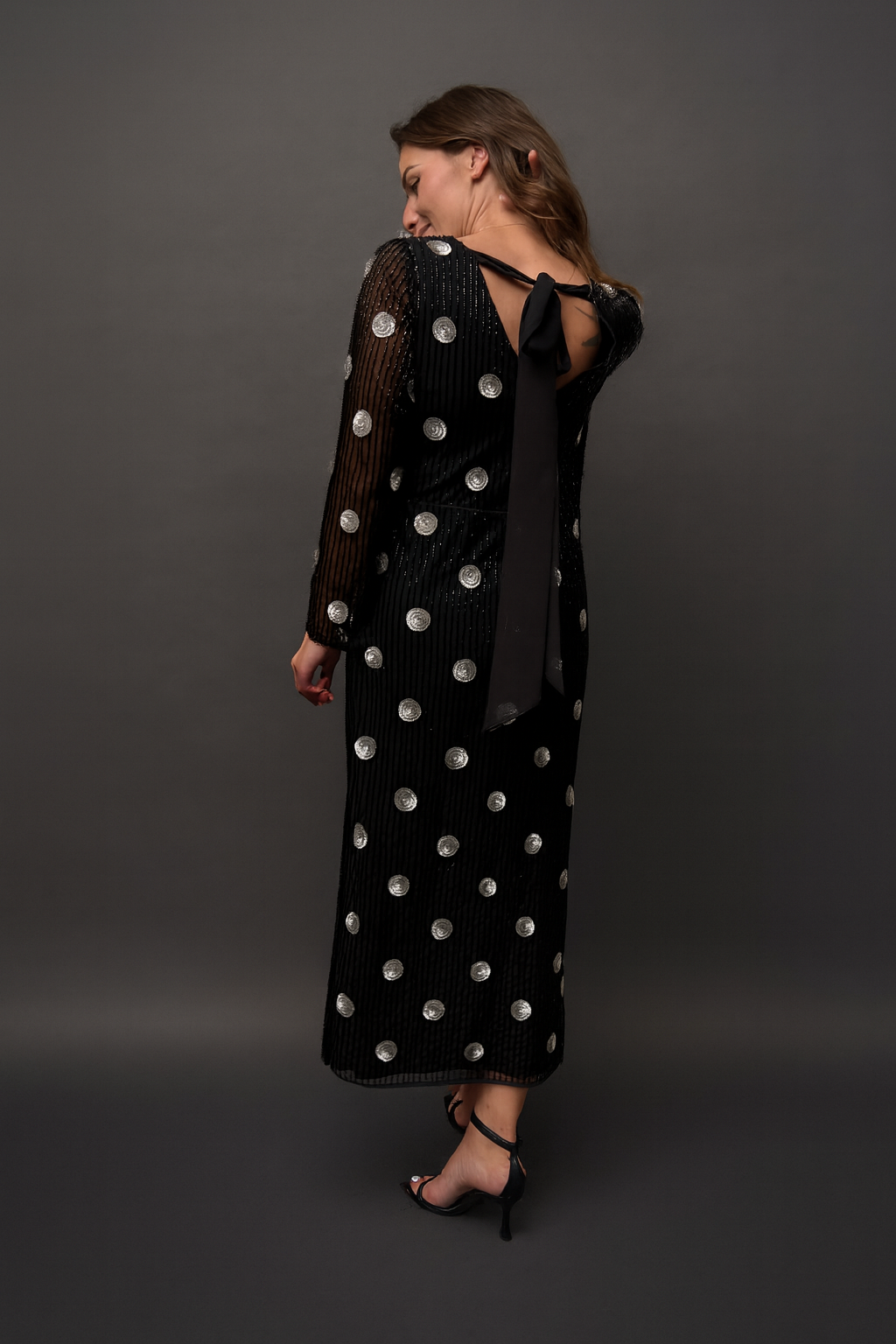 Merrin Black Polka Dot Hand Beaded Midi Dress