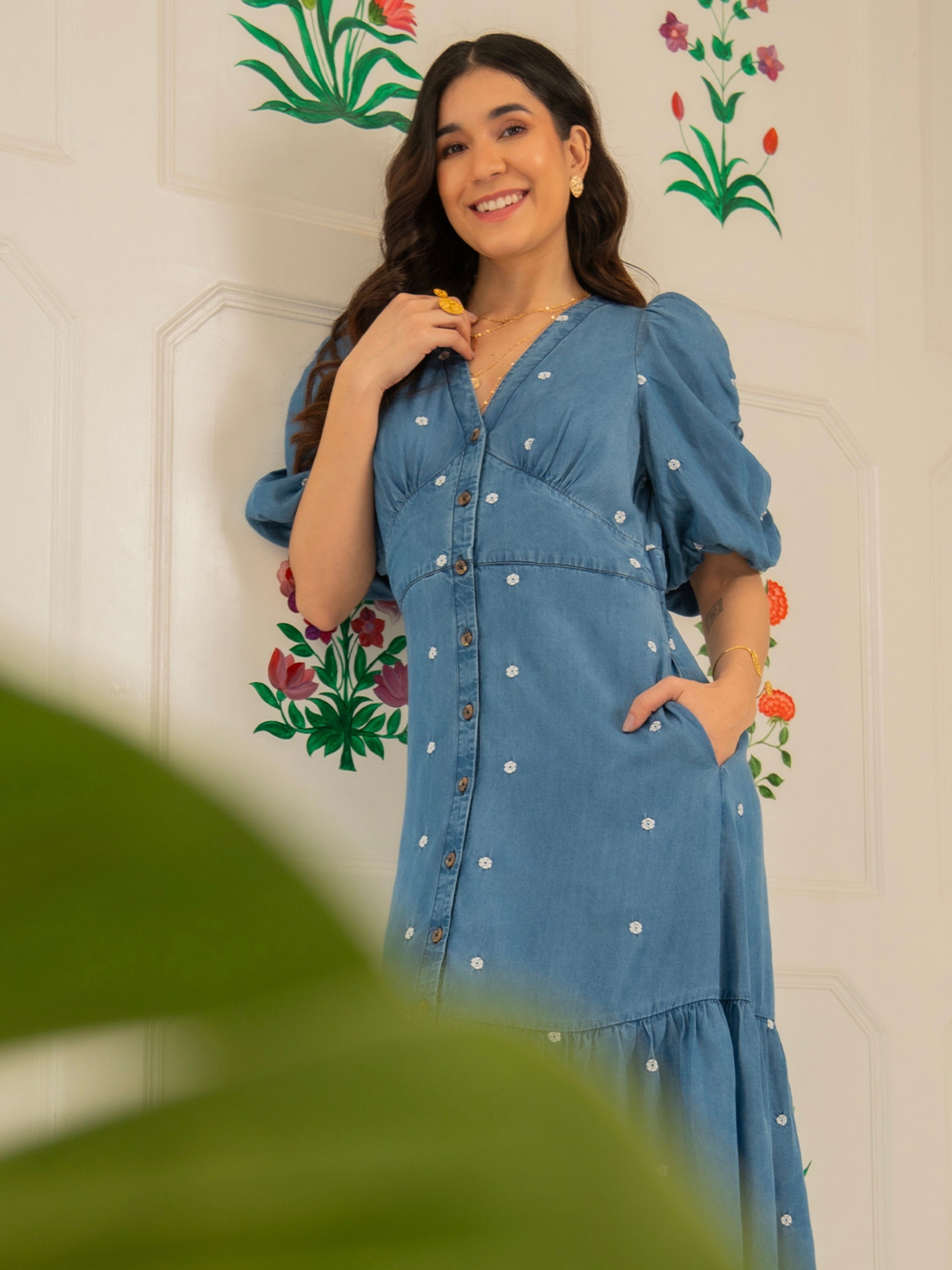 Mila Denim Tencel Daisy Embroidered Midi Dress