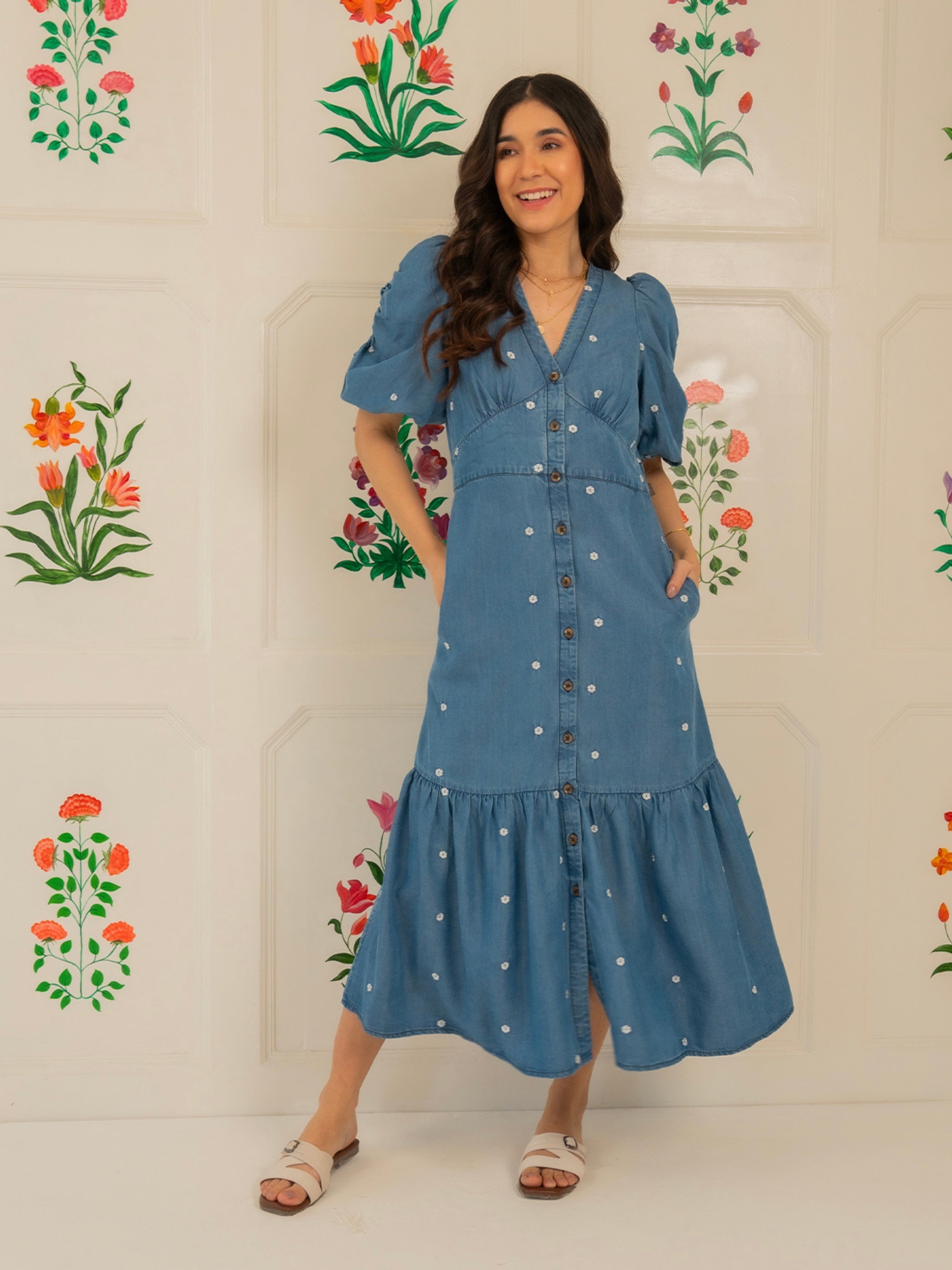 Mila Denim Tencel Daisy Embroidered Midi Dress