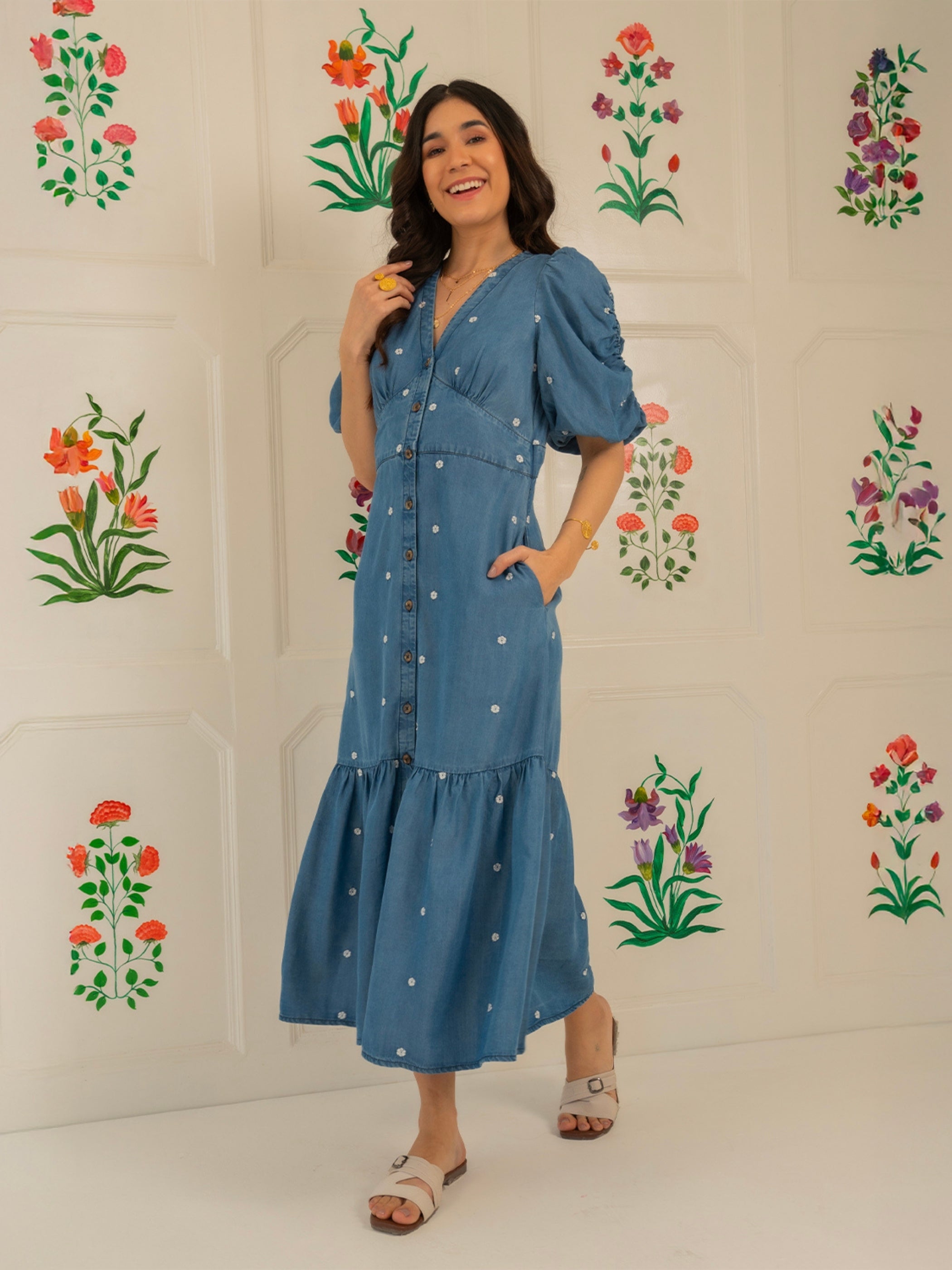 Mila Denim Tencel Daisy Embroidered Midi Dress