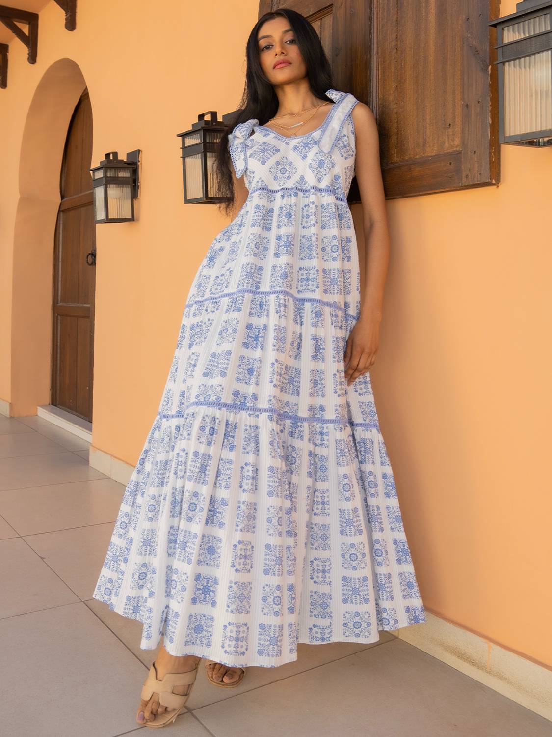 Maisy Blue White Printed Lace Trim Maxi Sun Dress
