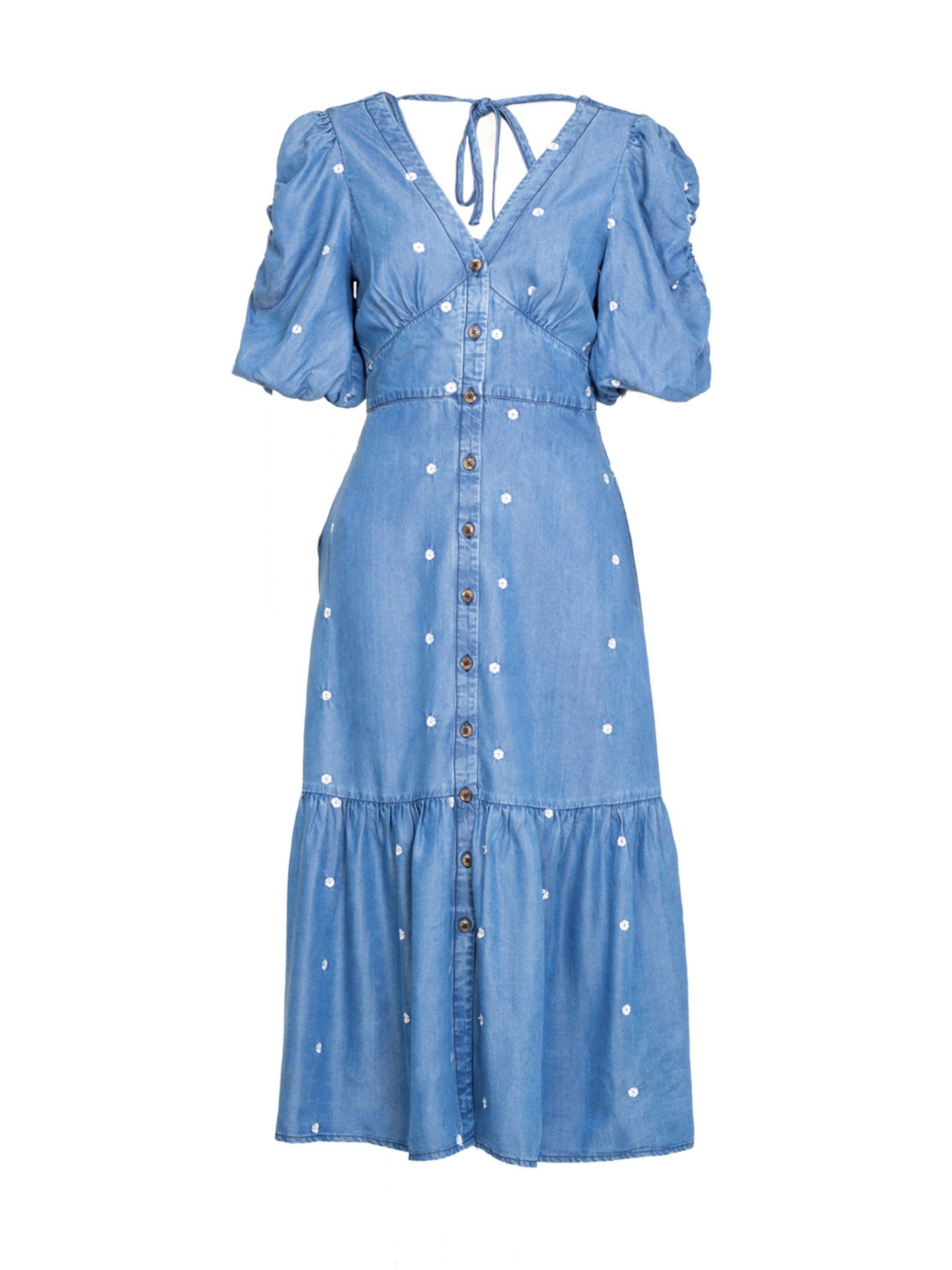 Mila Denim Tencel Daisy Embroidered Midi Dress