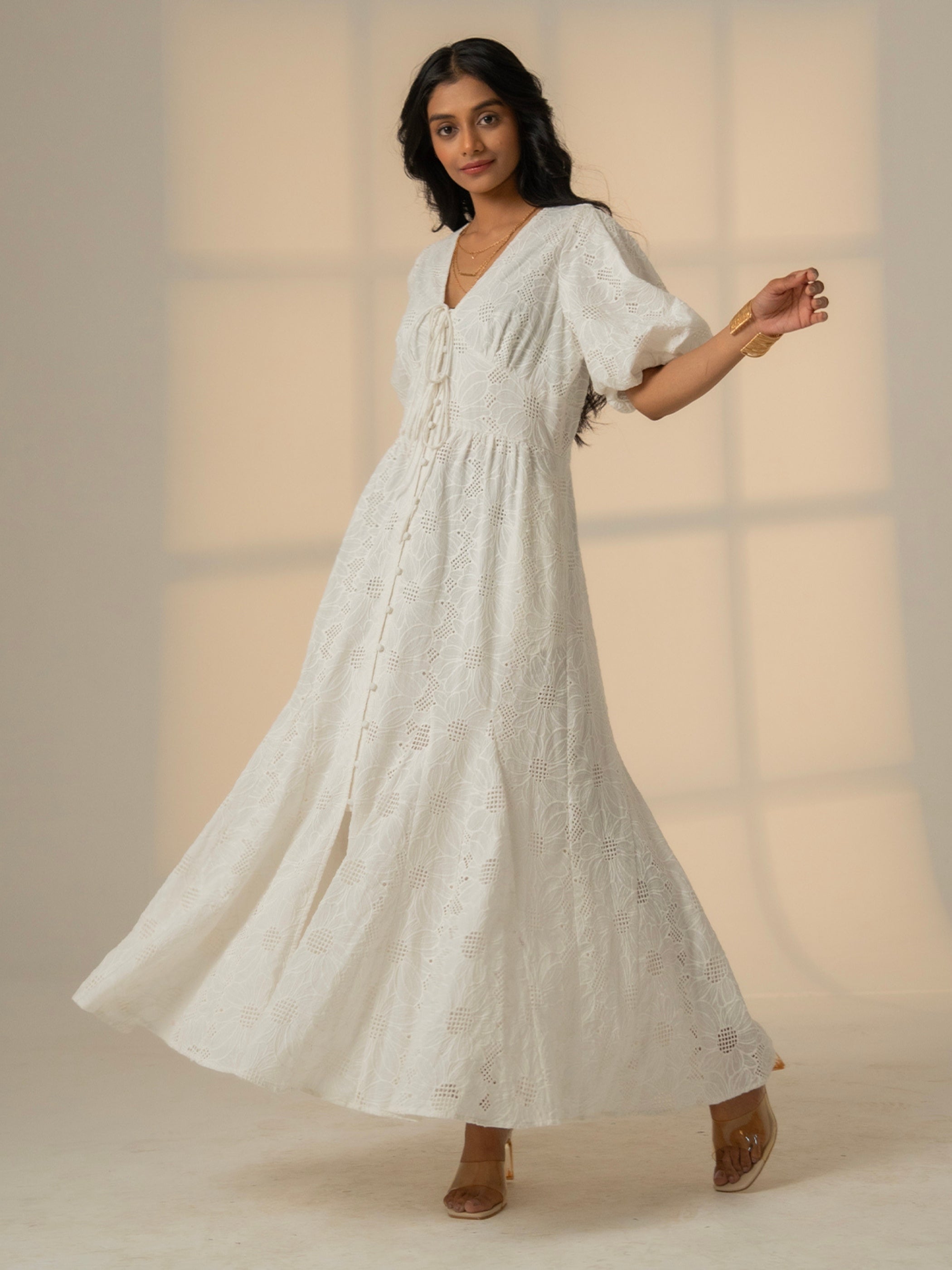 Penny White Lace Button Through Midi Dress