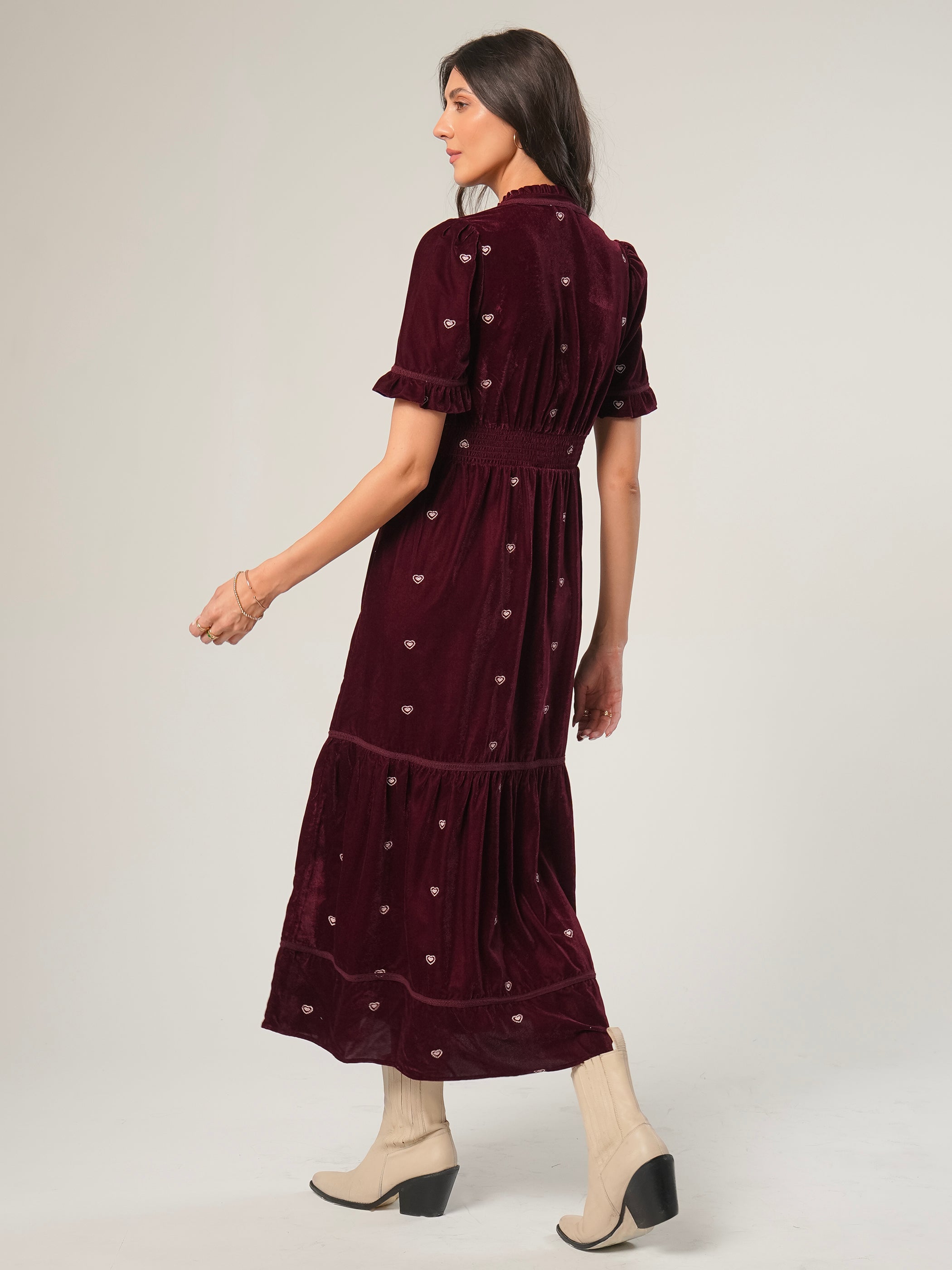 Sara Burgundy Heart Embroidered Velvet Dress