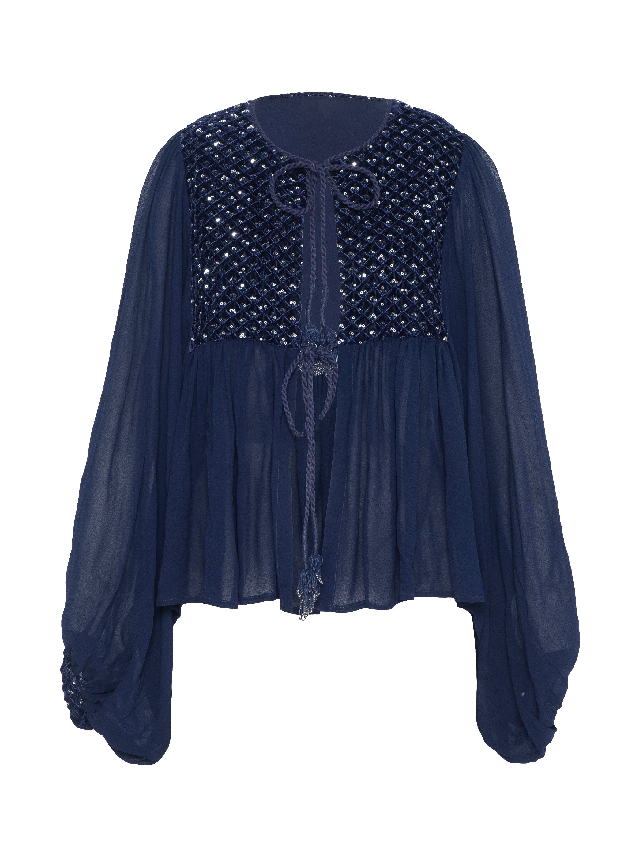 Arianna Dark Navy Velvet Sequin Panel throw-on tie Blouse