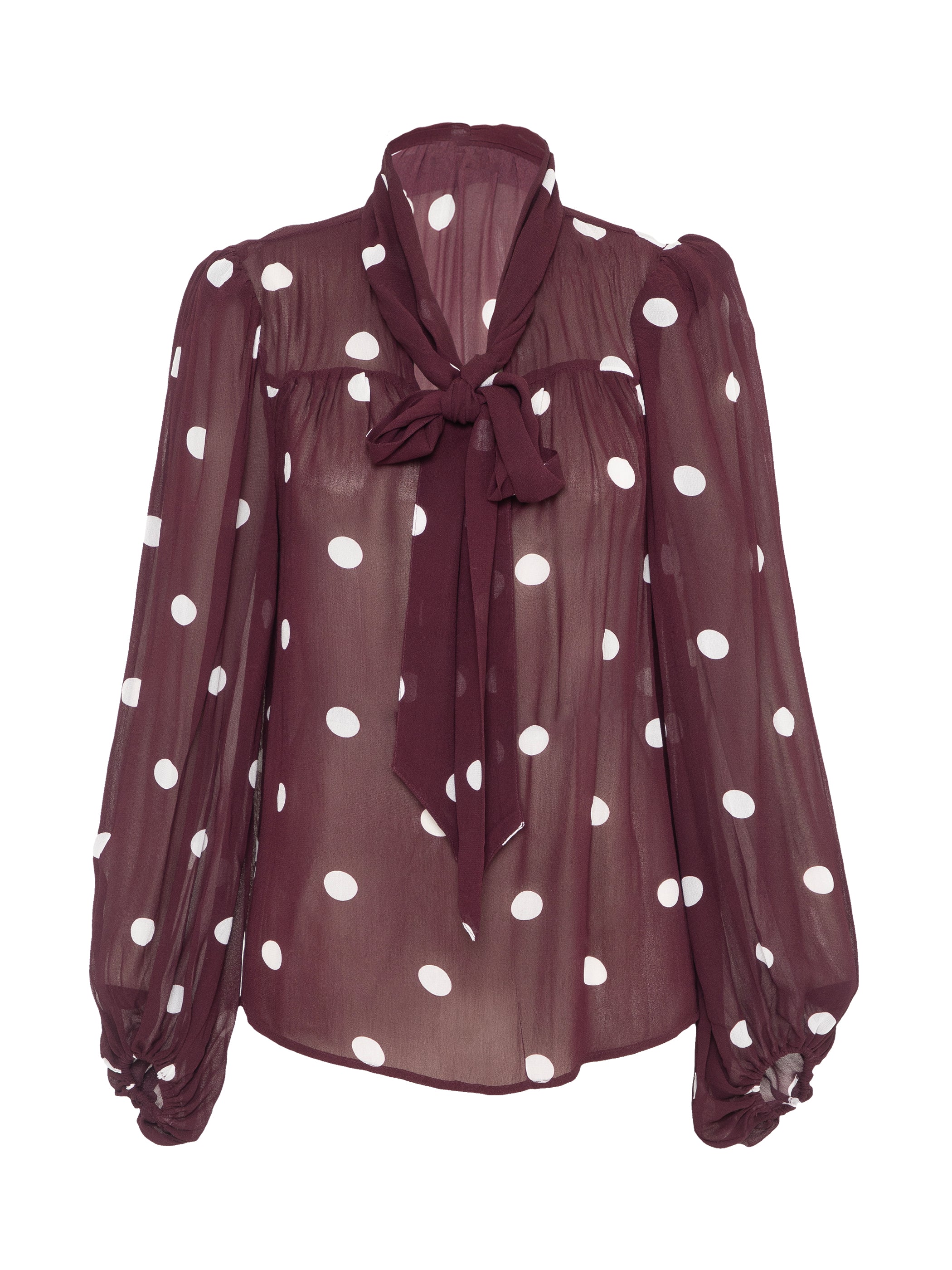 Saphi Chocolate Wine Spot Print Pussy Bow Blouse