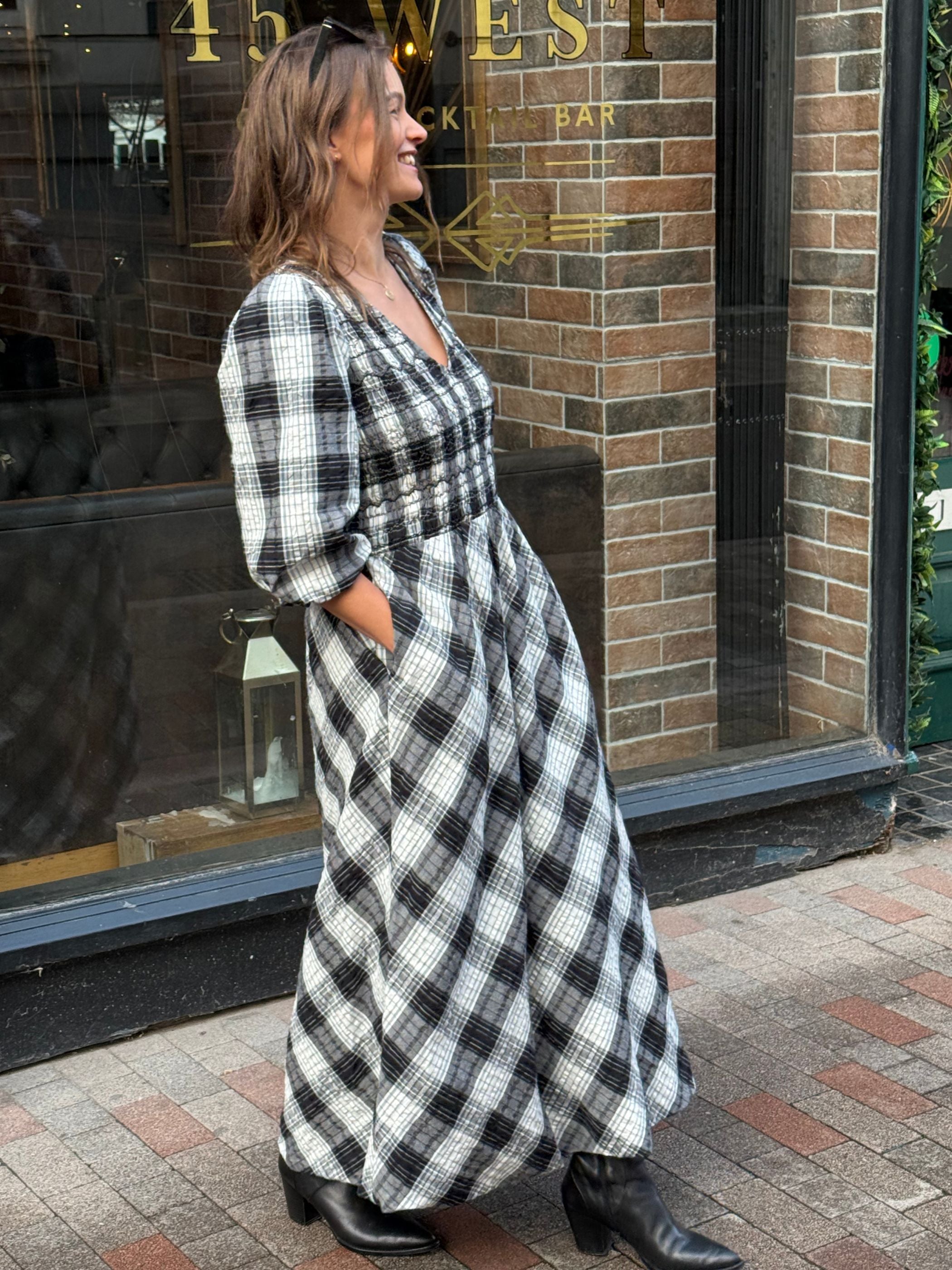 Nella Black and White Check Smocked Midi Dress