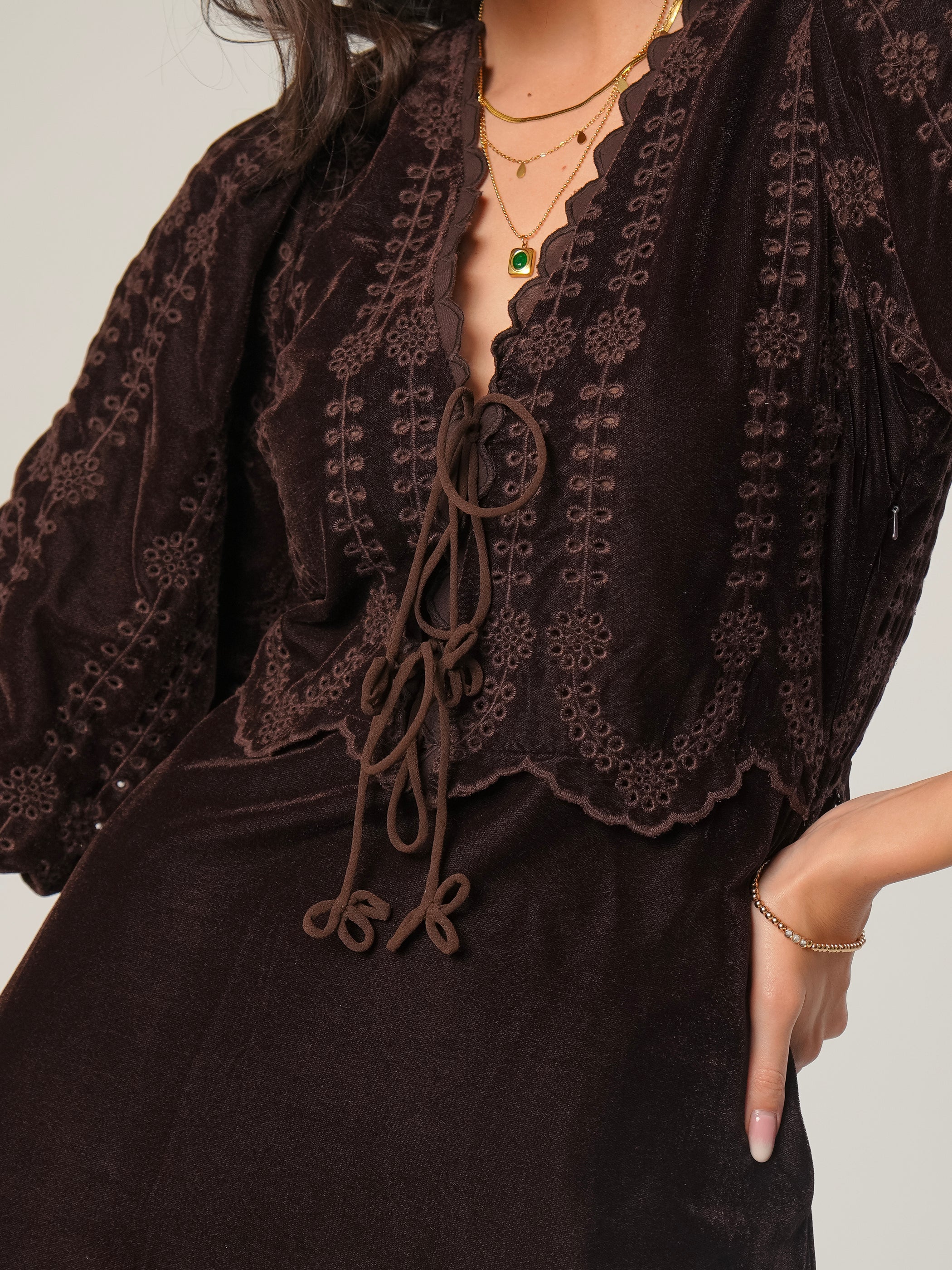 Drew Chocolate Brown Embroidered Velvet Tie Front Dress