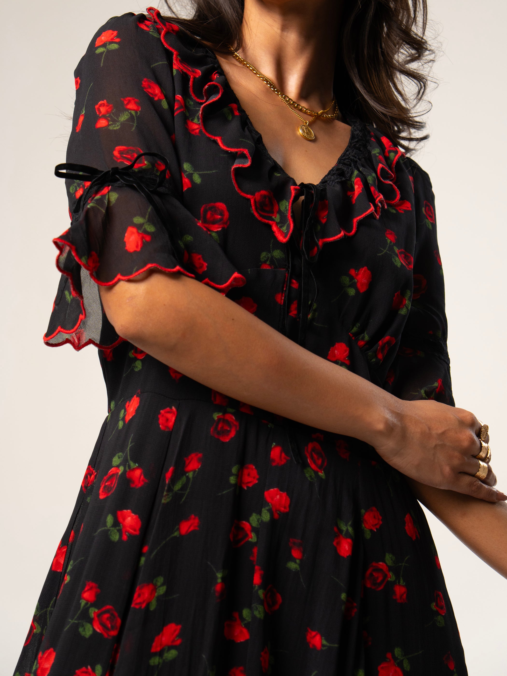 Toni Red Rose Print Velvet Tie Maxi Dress