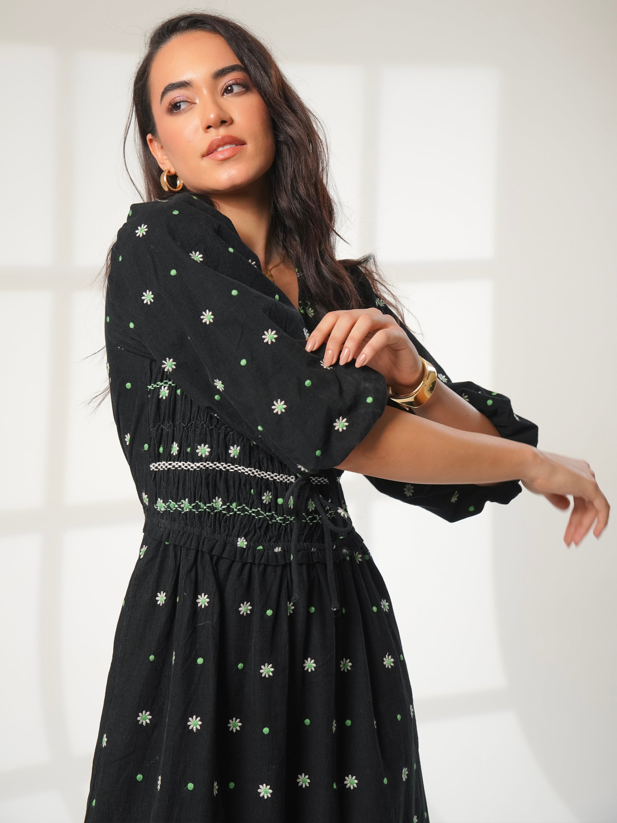 Eddie Black Cord Embroidered Polka Dot Maxi Dress