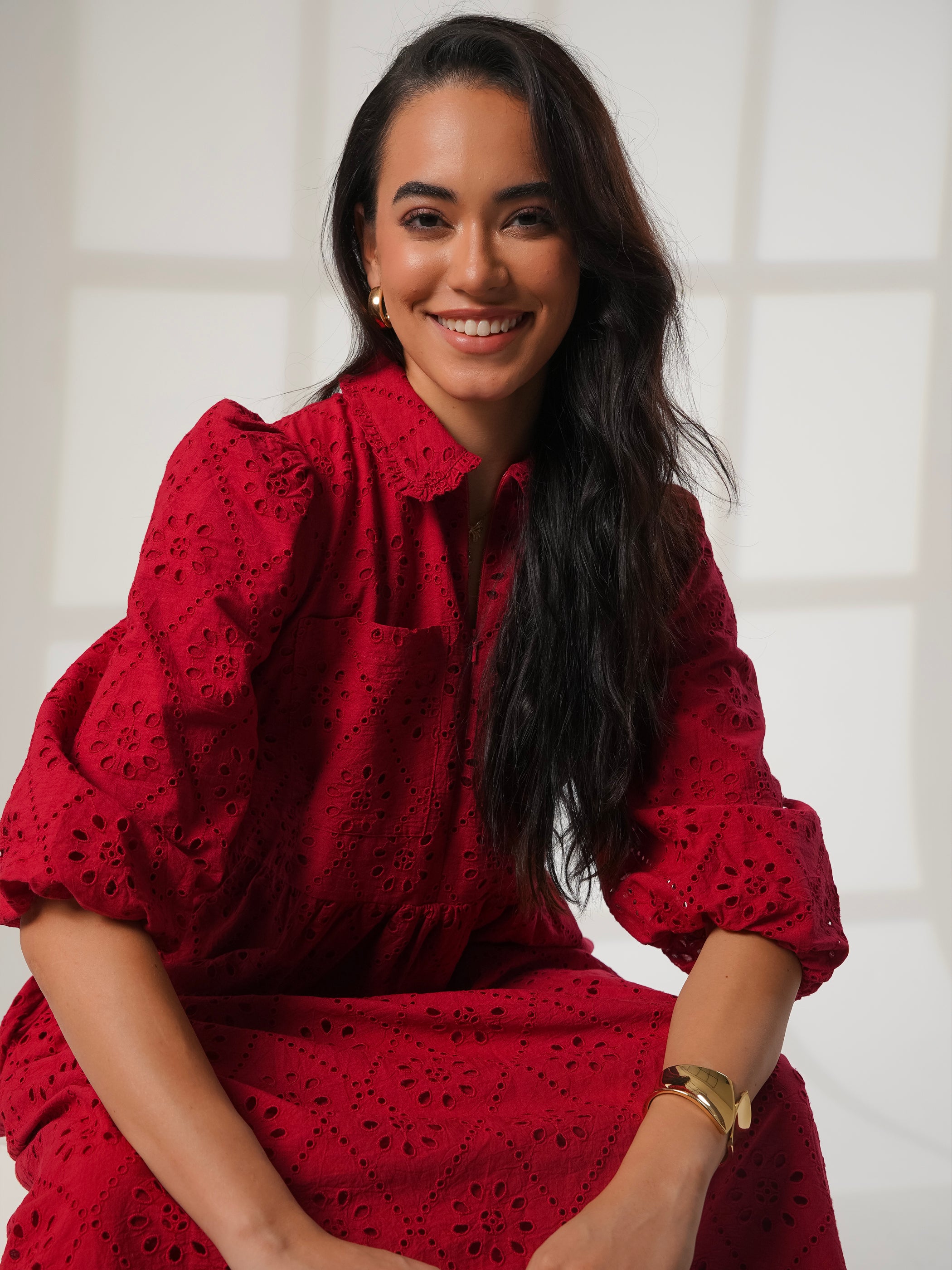 Lucille Red Embroidered Midi Shirt Dress