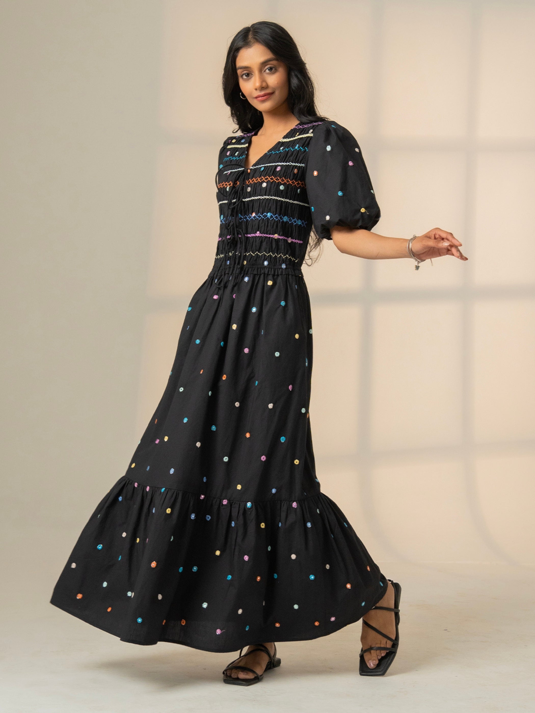 Eddie Black Multi Embroidered Smocked Maxi Dress