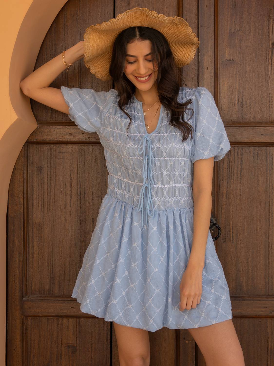 Belle Blue Embroidered Mini Dress
