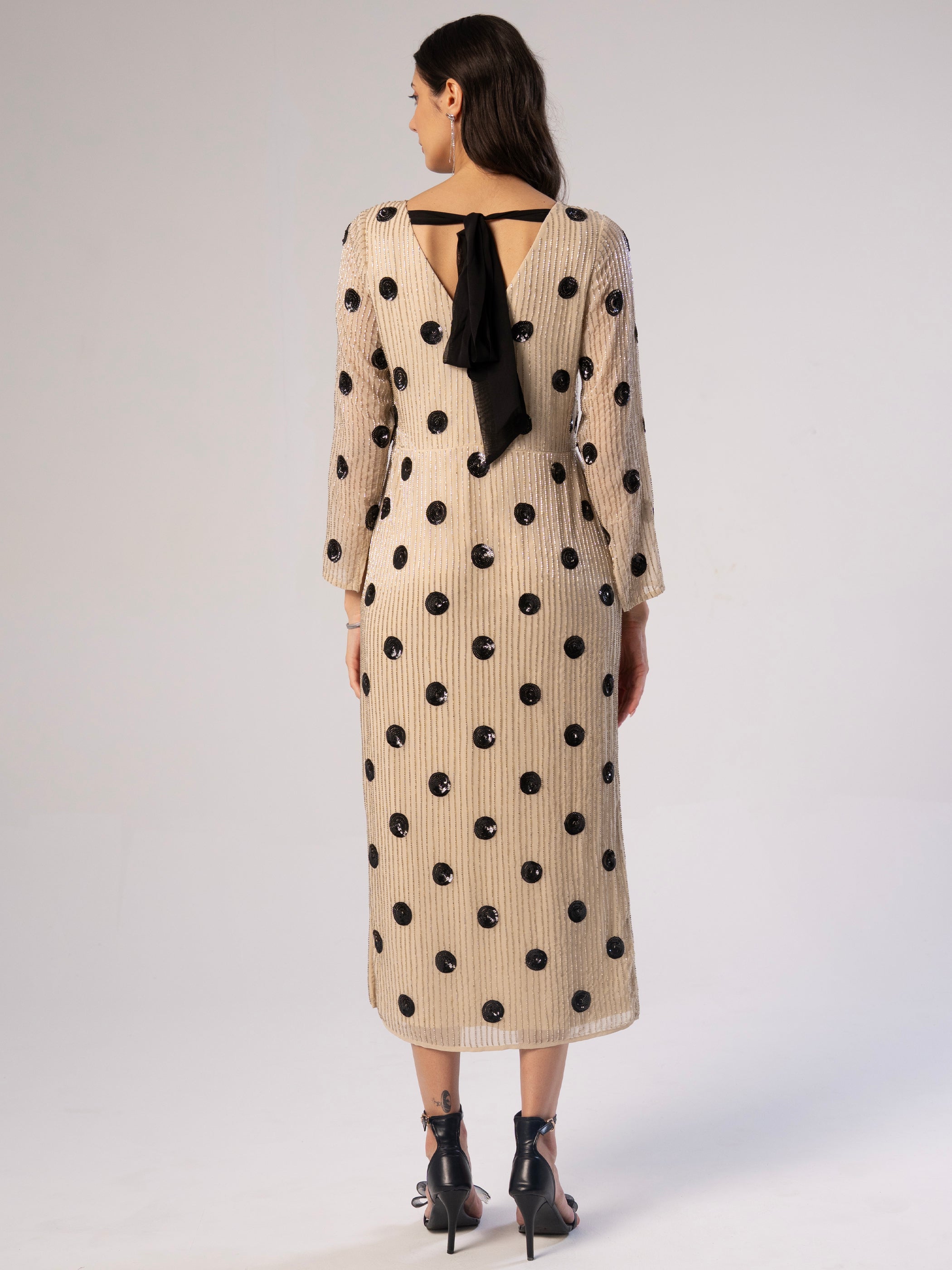 Merrin Ivory Polka Dot Hand Beaded Midi Dress