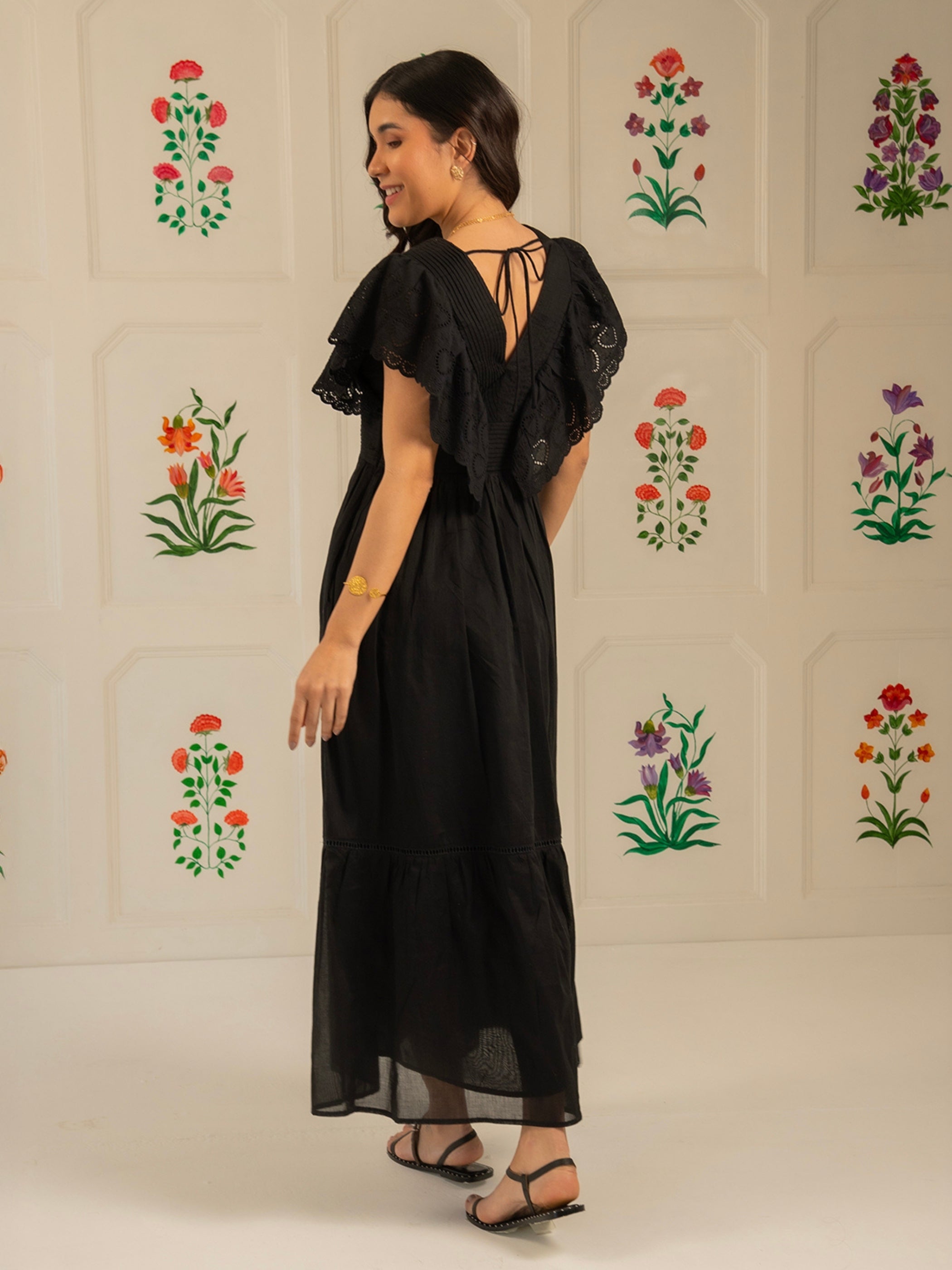 Elleanor Heart Lace Trim Black Maxi Dress