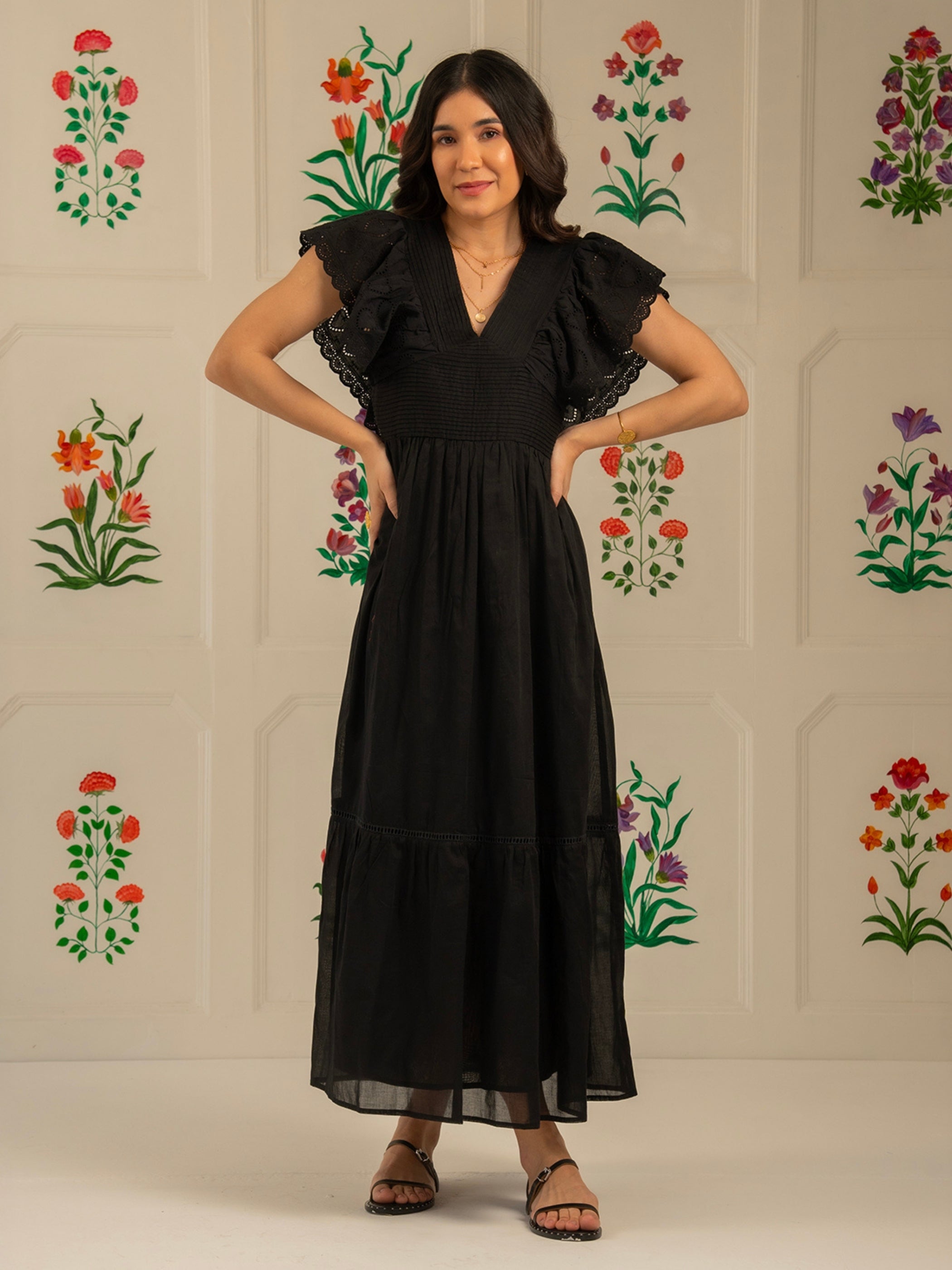 Elleanor Heart Lace Trim Black Maxi Dress