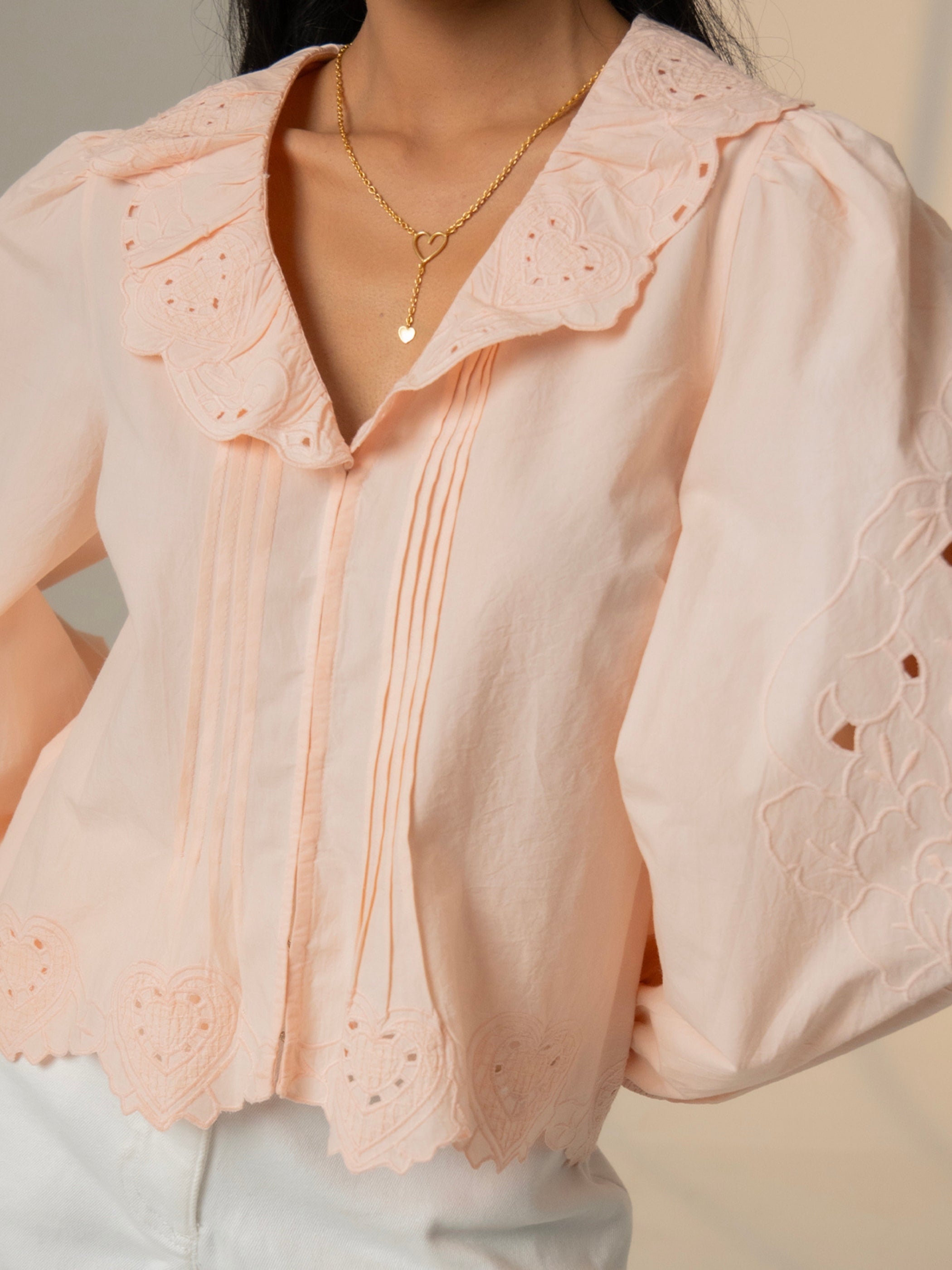 Helen Pink Heart Embroidery Collar Blouse