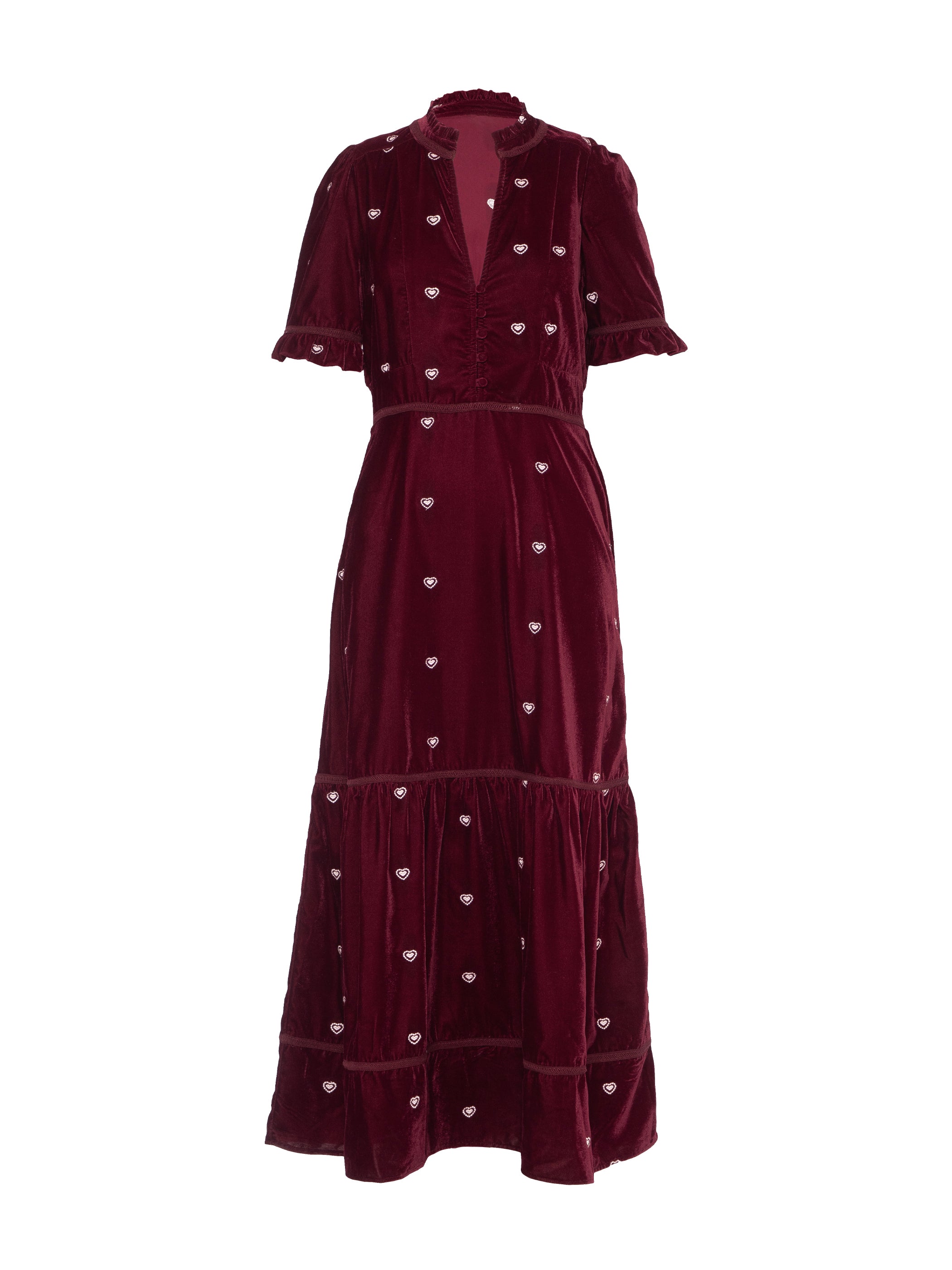 Sara Burgundy Heart Embroidered Velvet Dress