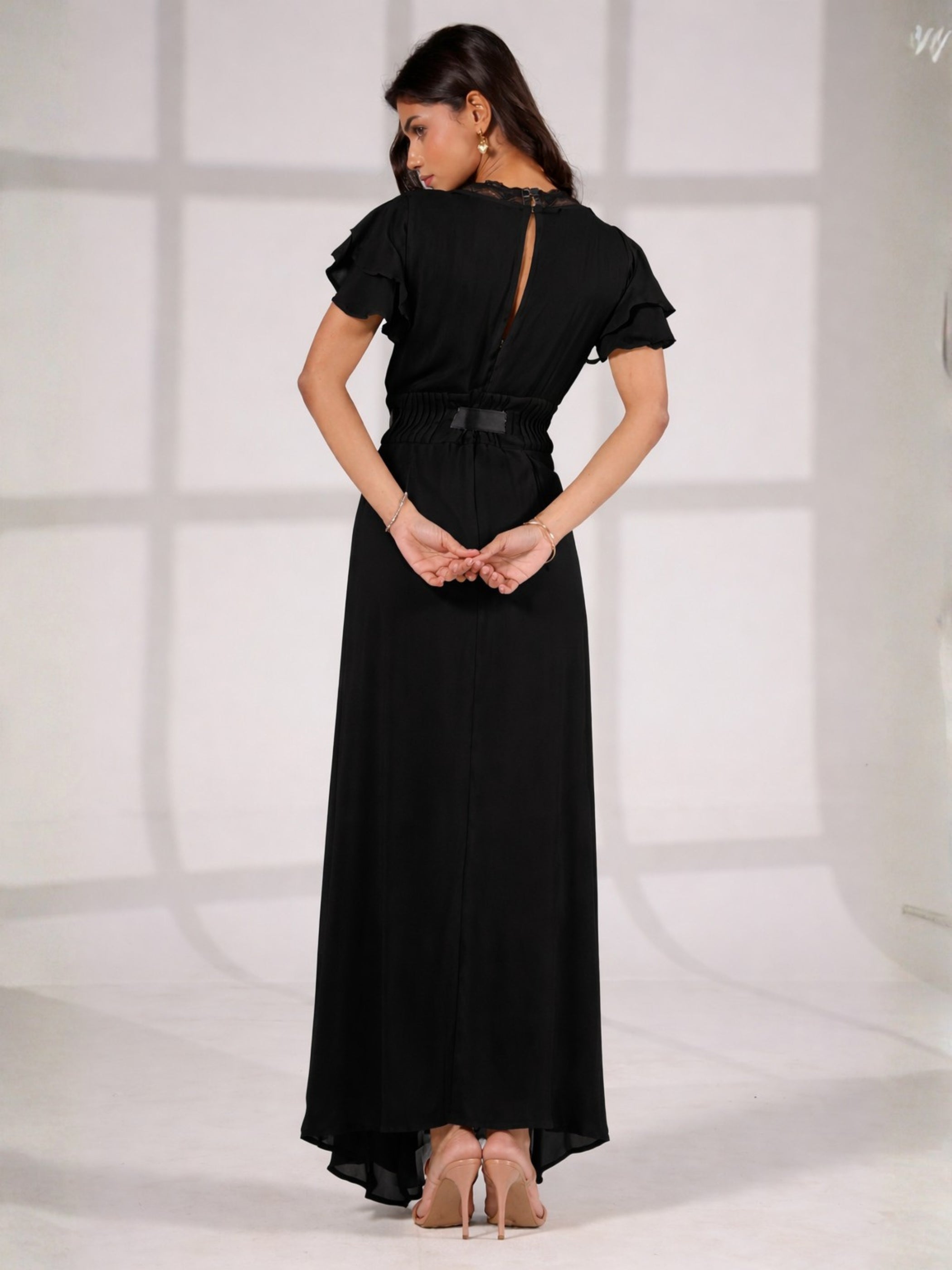 Chloe Black Lace Detail Tie Waist Maxi Dress