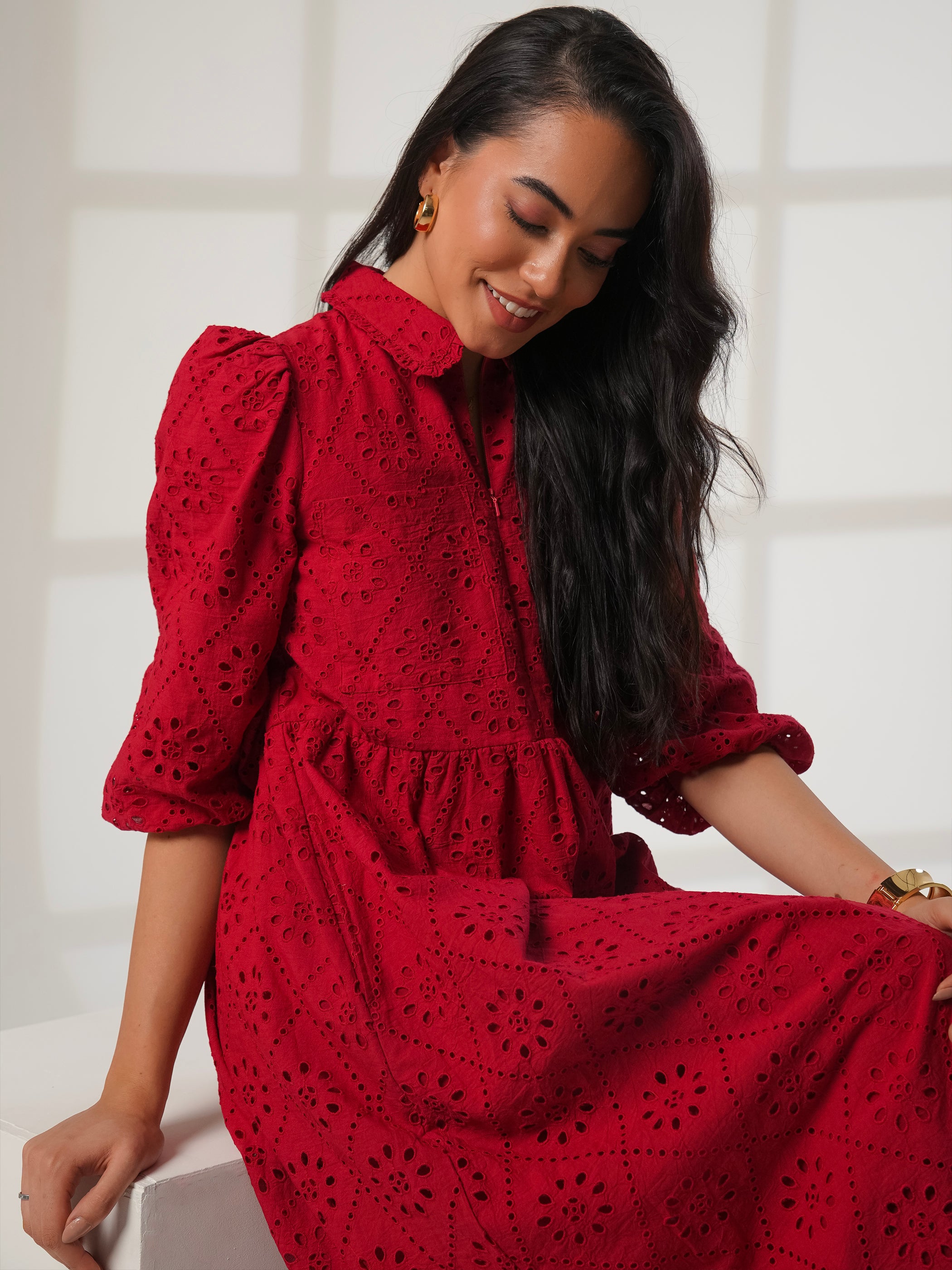 Lucille Red Embroidered Midi Shirt Dress