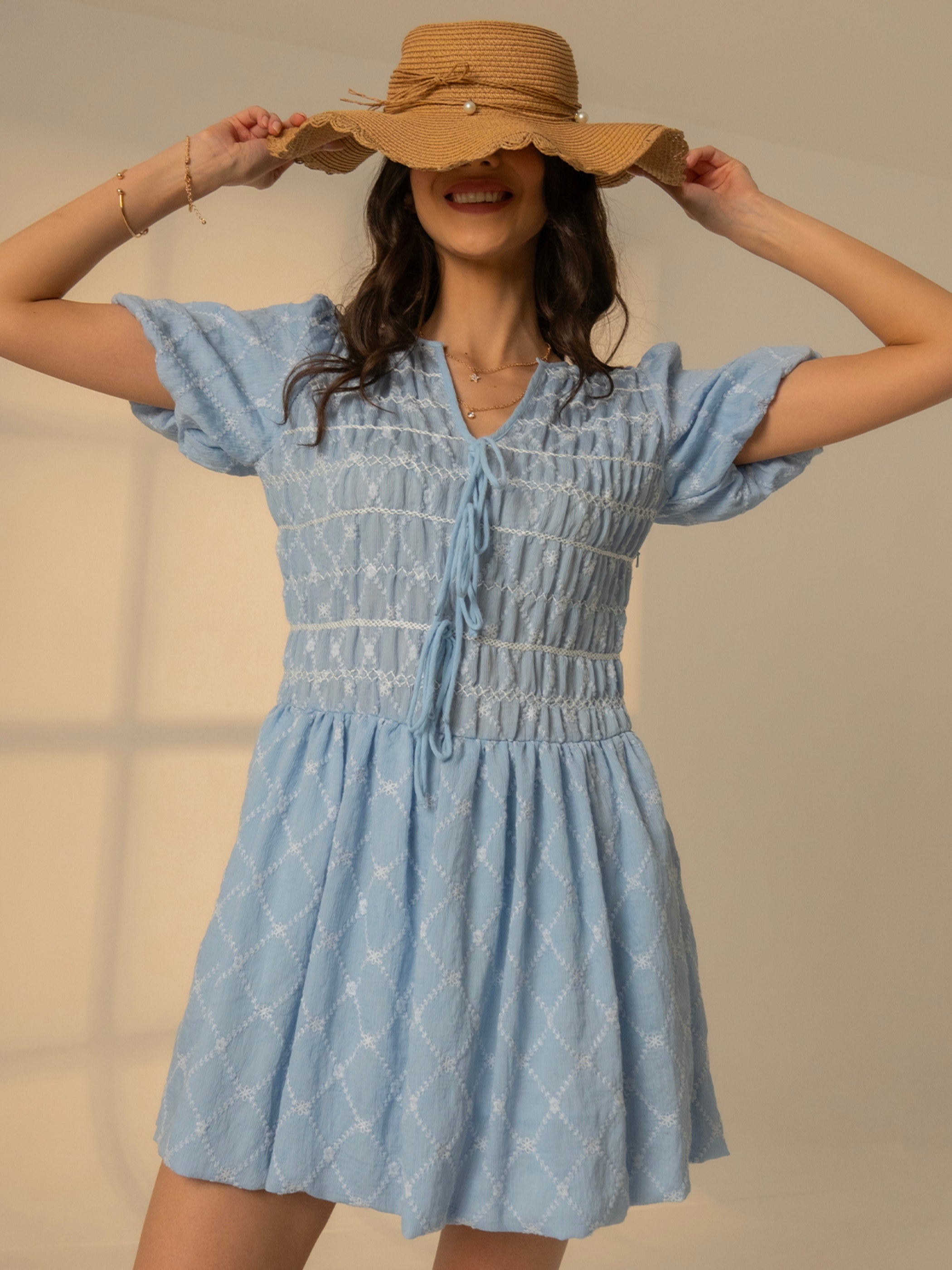 Belle Blue Embroidered Mini Dress