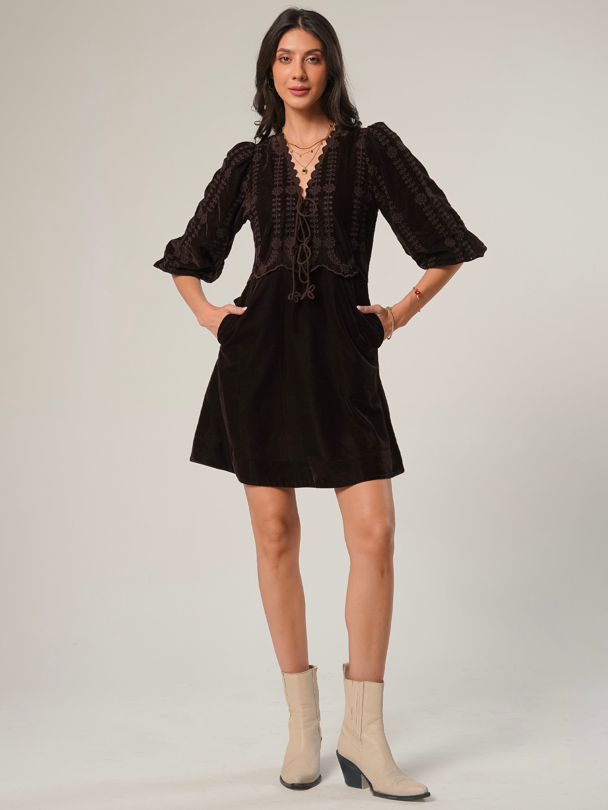 Drew Chocolate Brown Embroidered Velvet Tie Front Dress