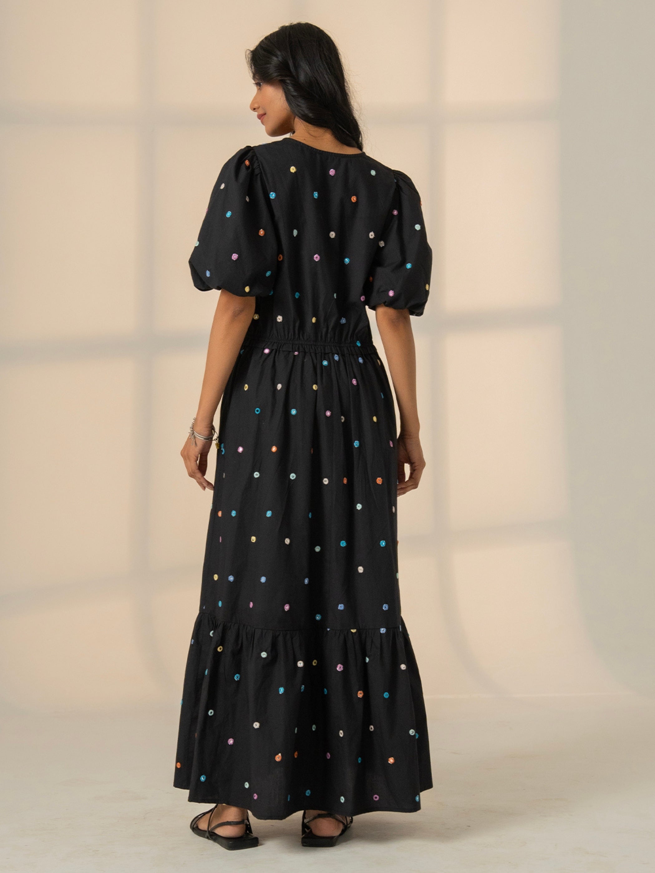 Eddie Black Multi Embroidered Smocked Maxi Dress