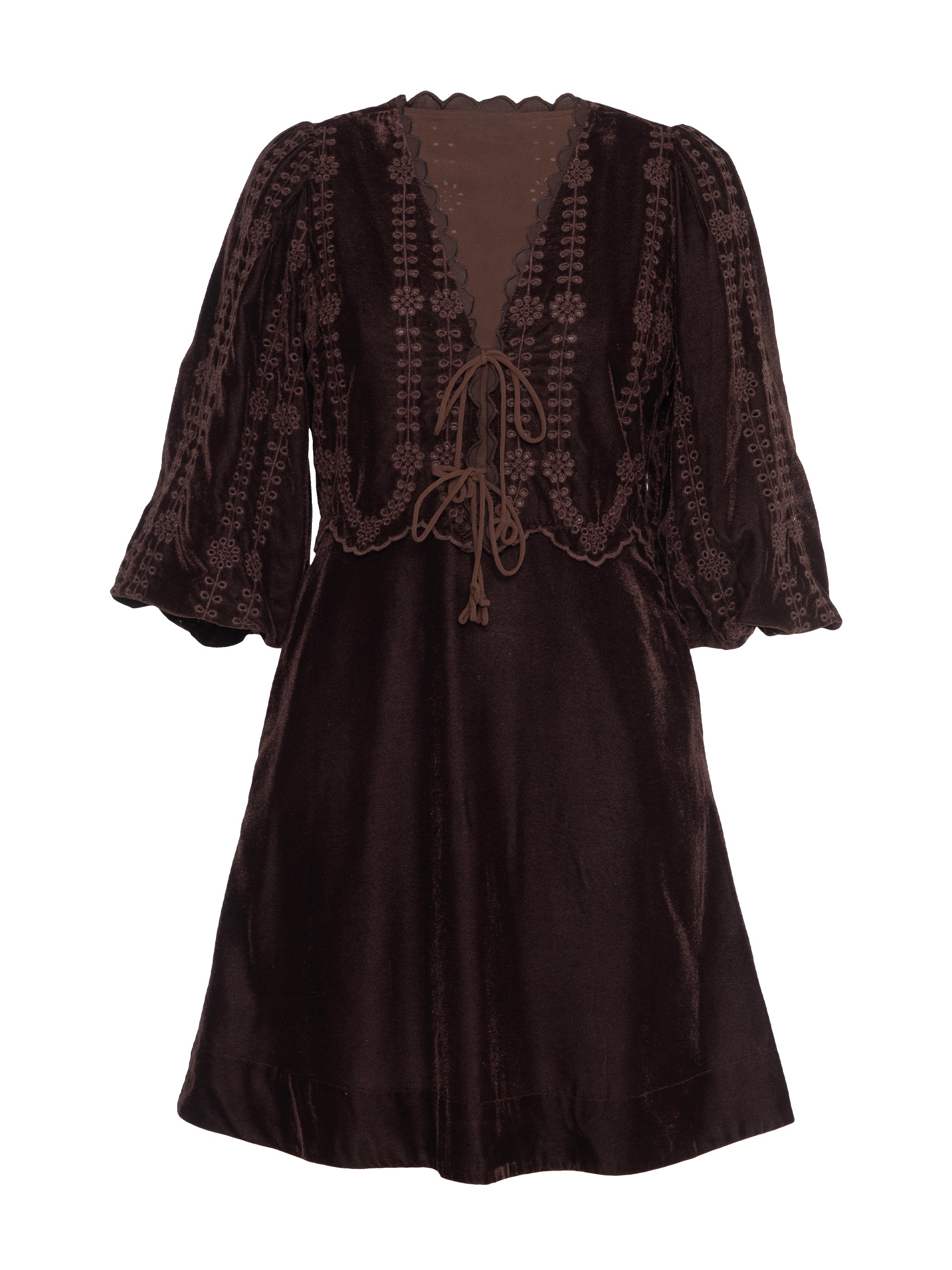 Drew Chocolate Brown Embroidered Velvet Tie Front Dress