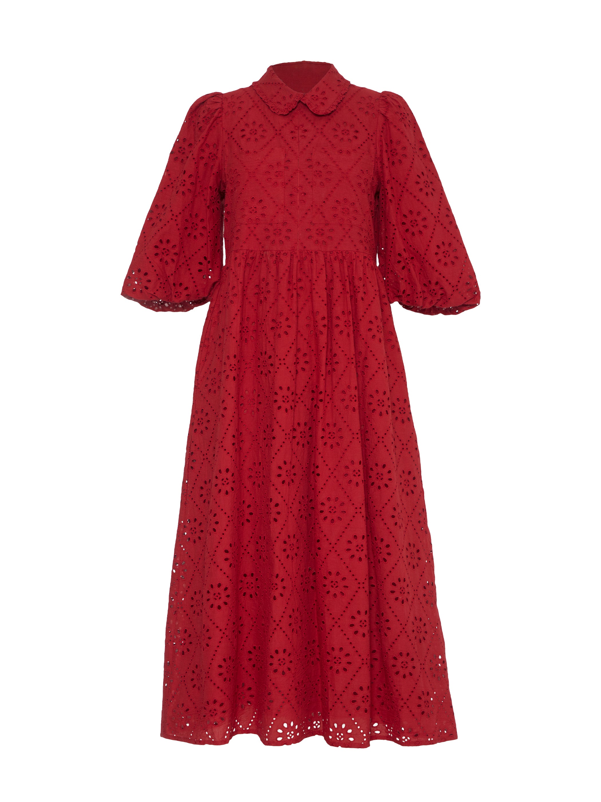 Lucille Red Embroidered Midi Shirt Dress