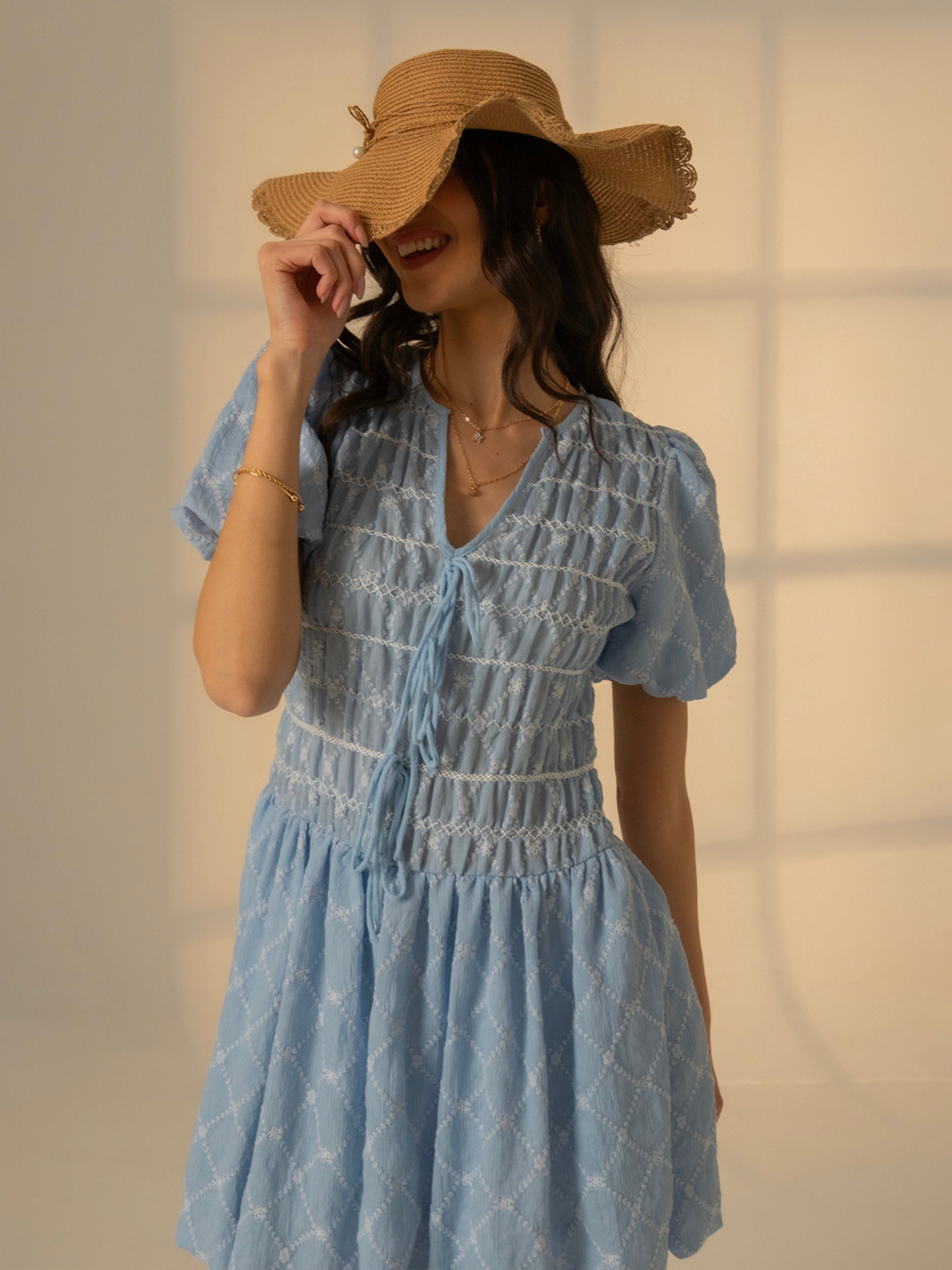 Belle Blue Embroidered Mini Dress