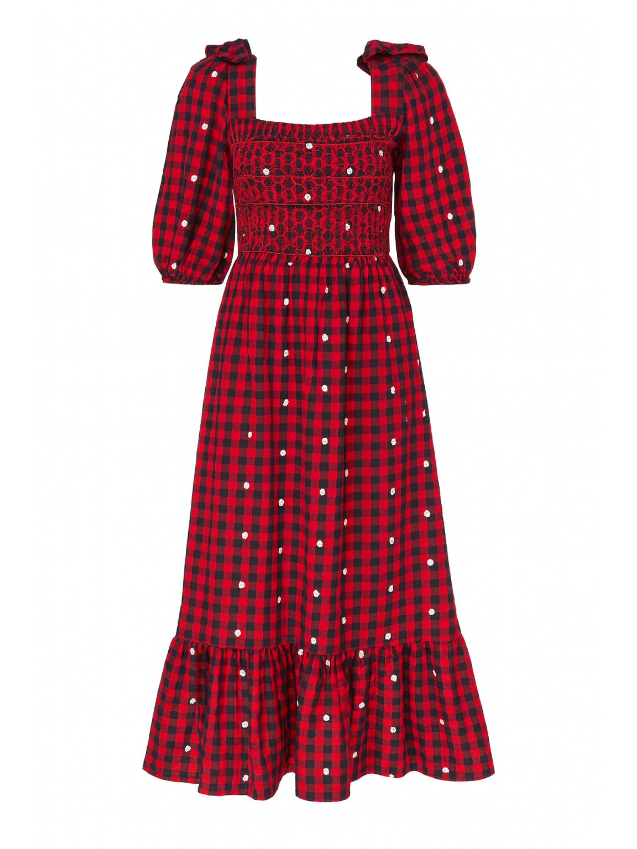 Steffi Red and Black Daisy Embroidered Check Maxi Dress