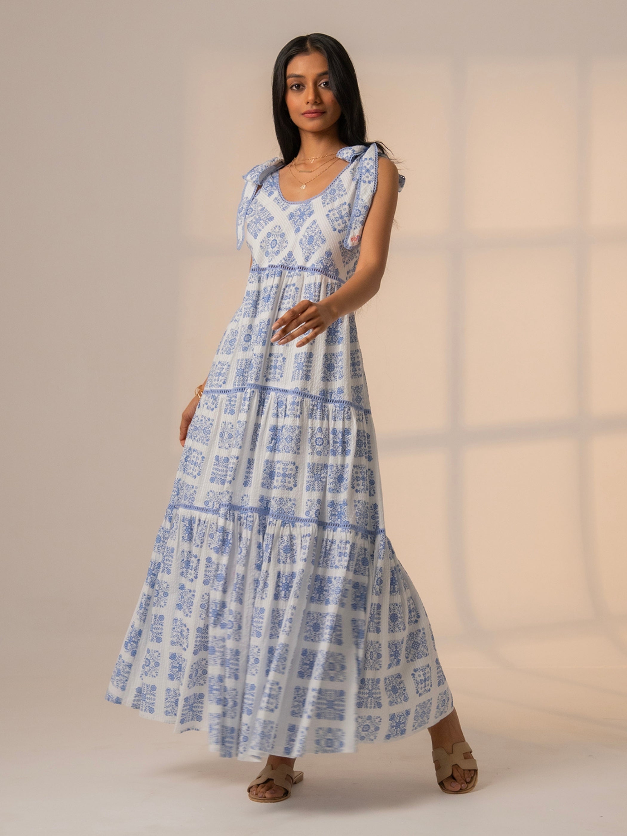 Maisy Blue White Printed Lace Trim Maxi Sun Dress