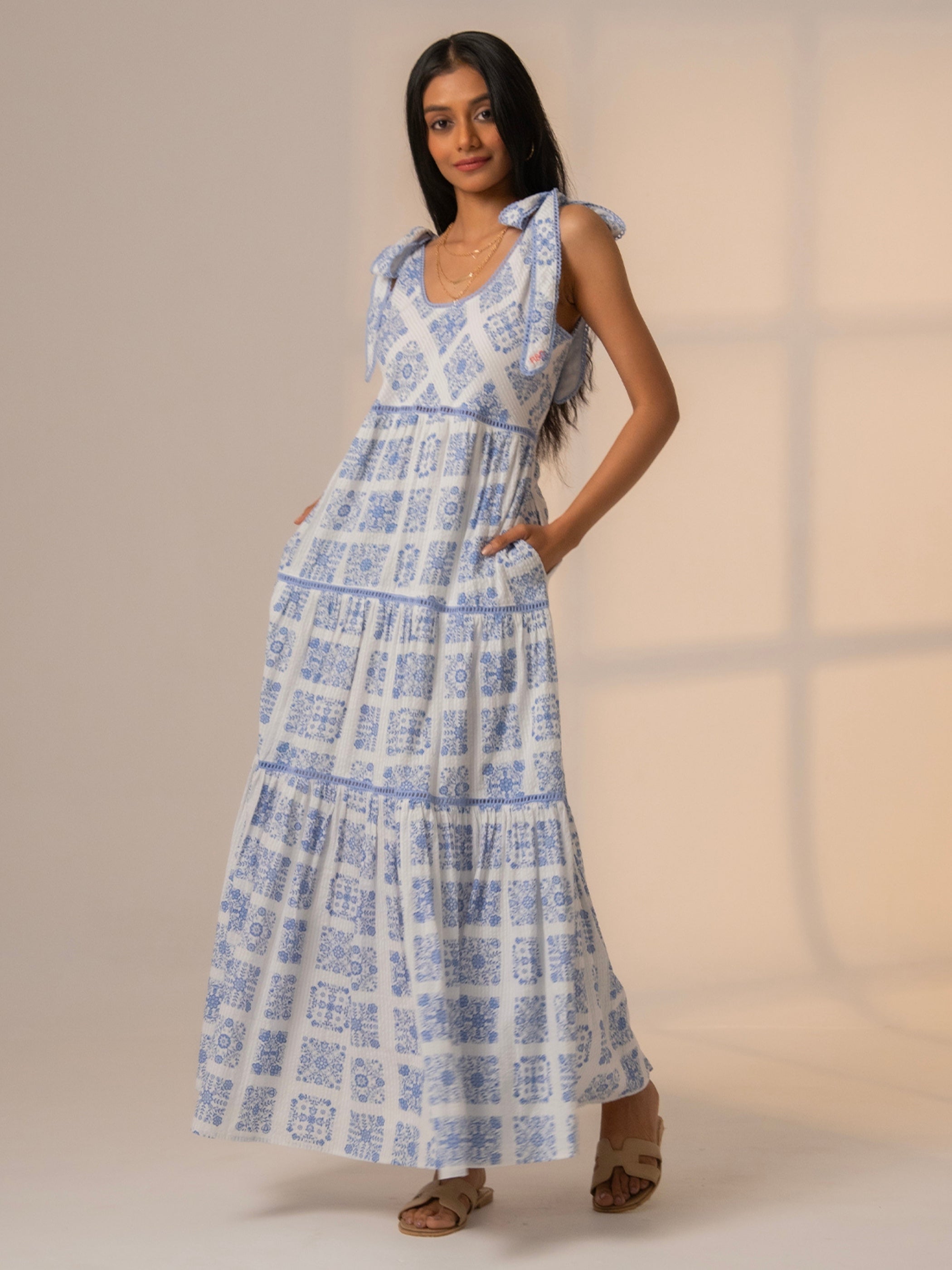 Maisy Blue White Printed Lace Trim Maxi Sun Dress