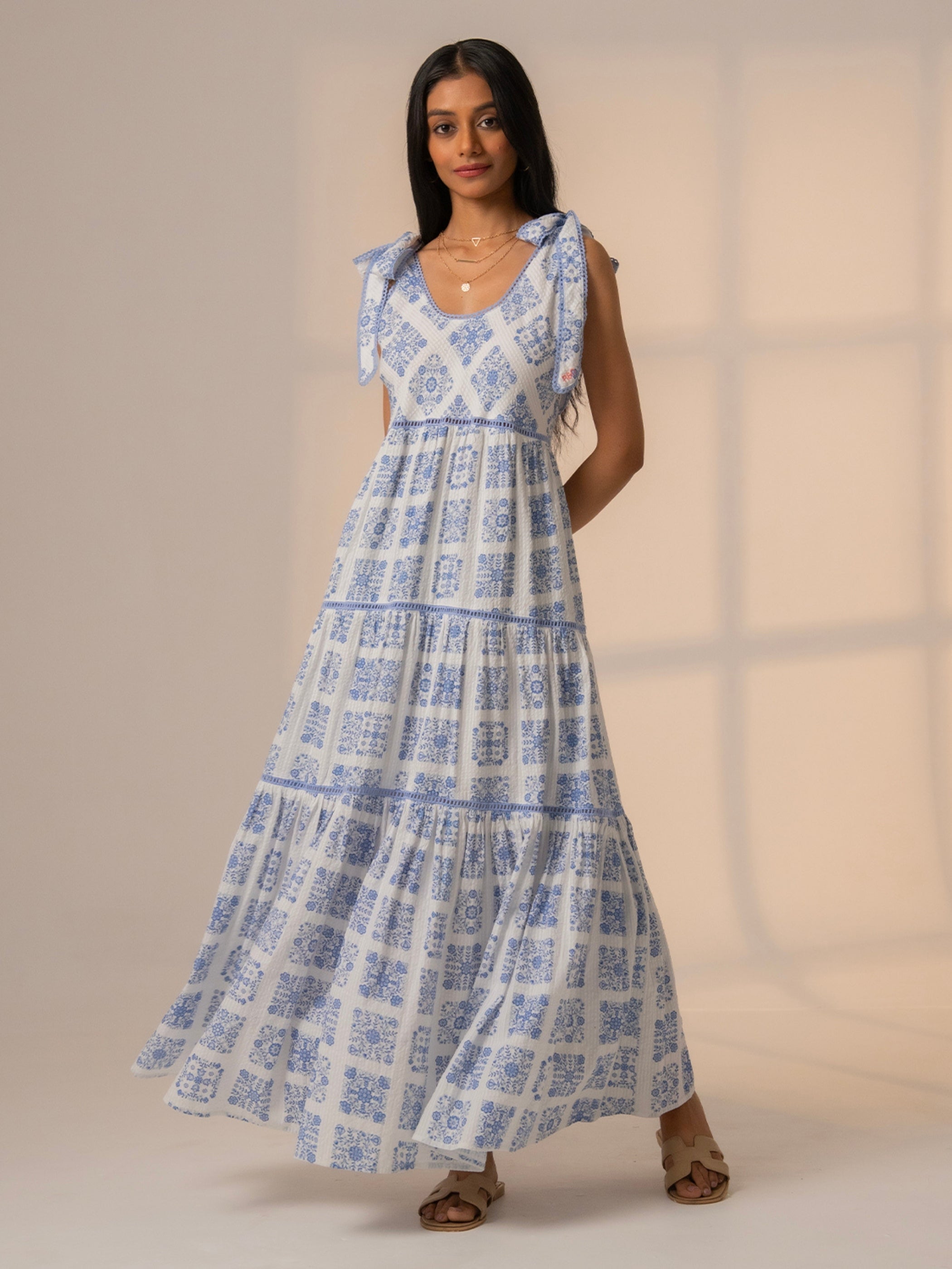 Maisy Blue White Printed Lace Trim Maxi Sun Dress