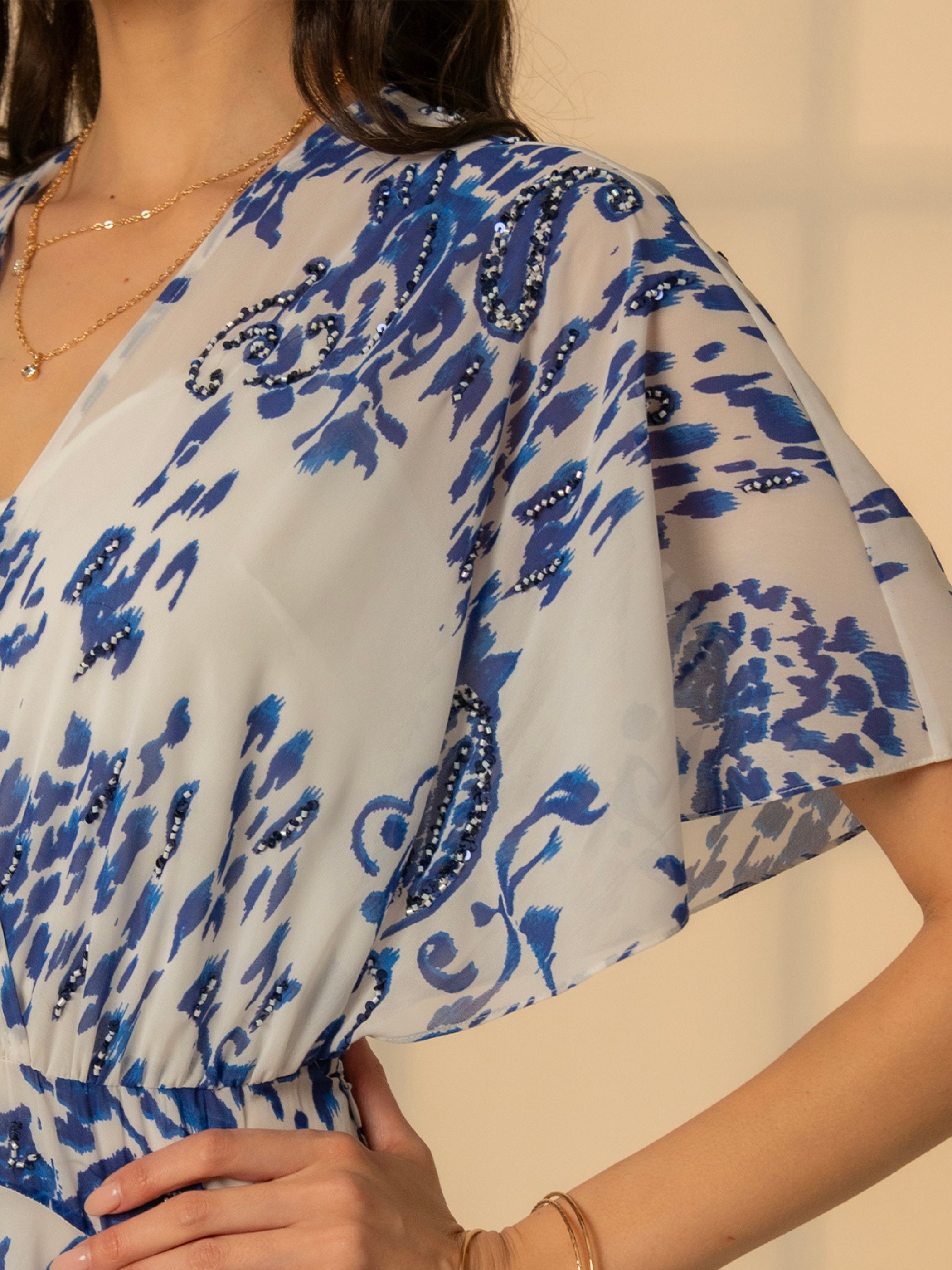 Mali Embellished Blue Drape Dress