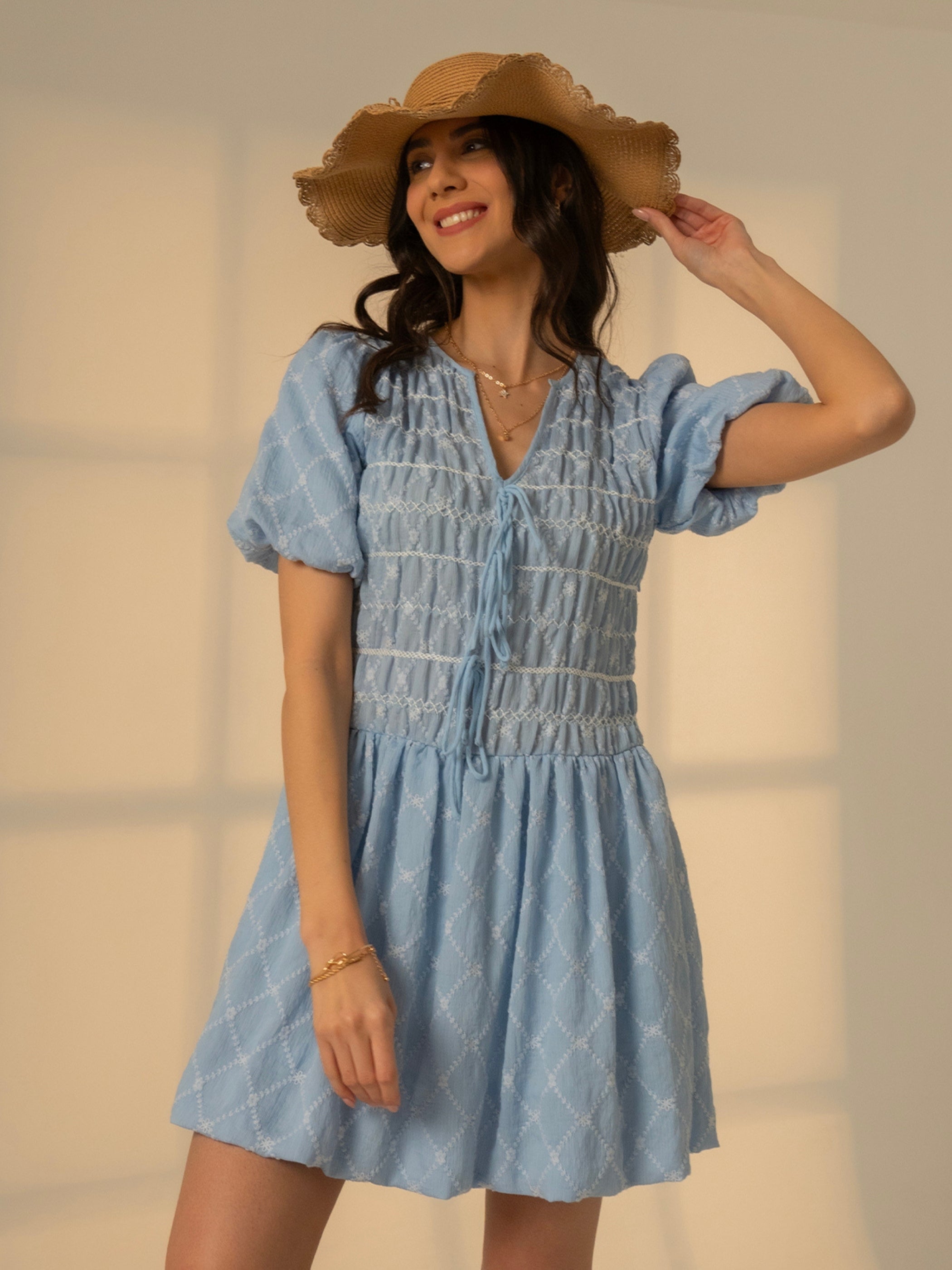 Belle Blue Embroidered Mini Dress