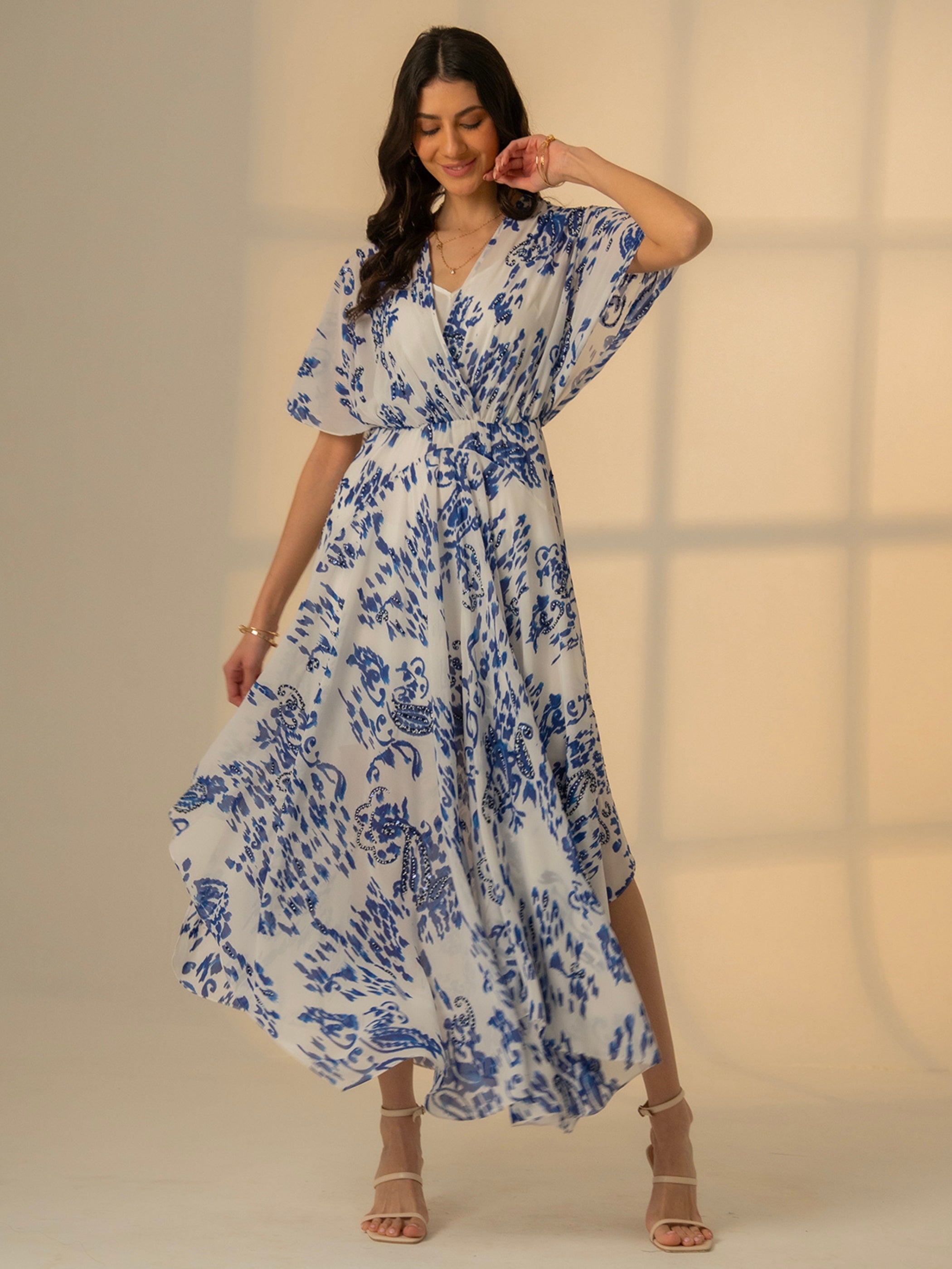 Mali Embellished Blue Drape Dress