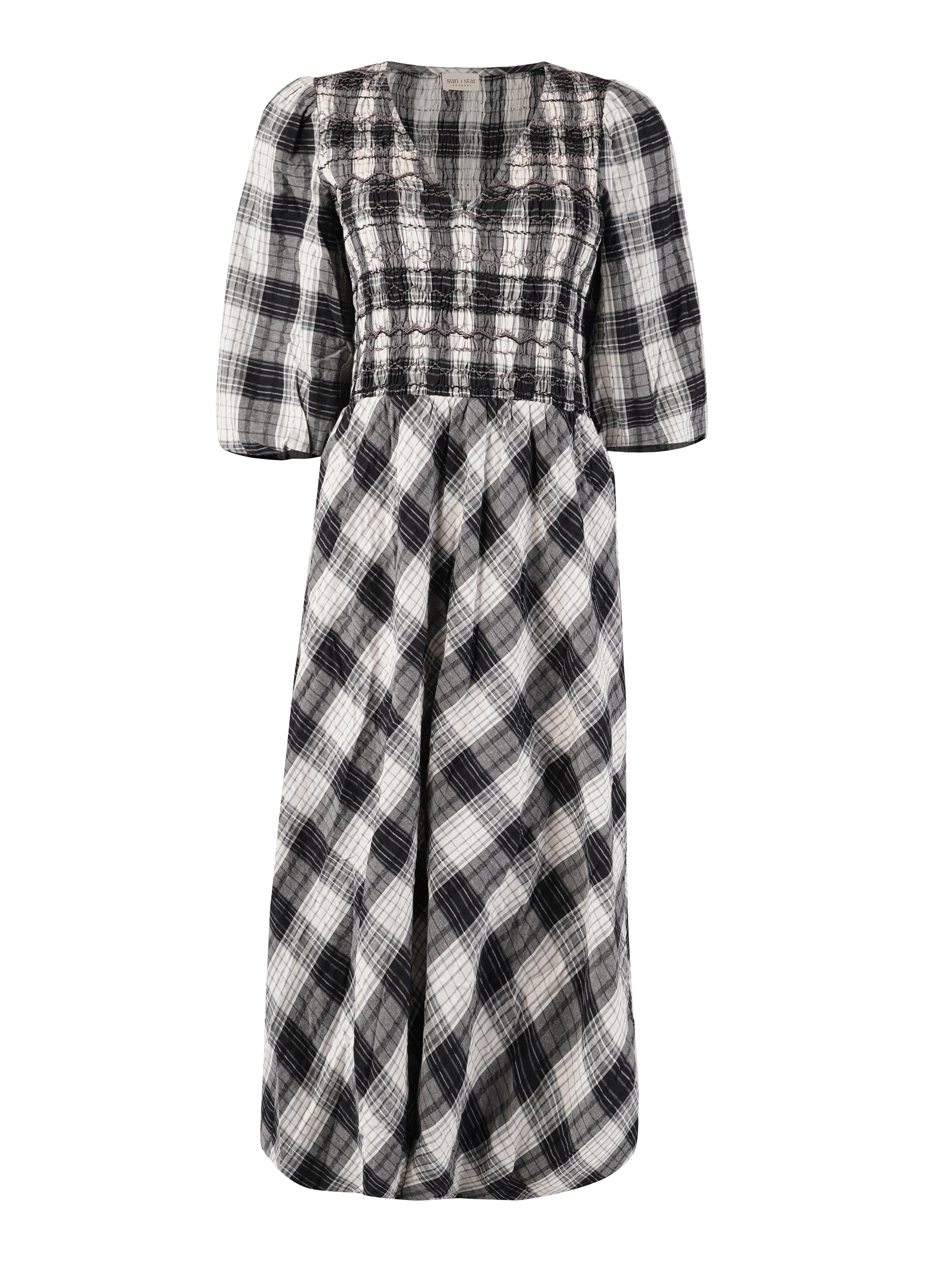 Nella Black and White Check Smocked Midi Dress