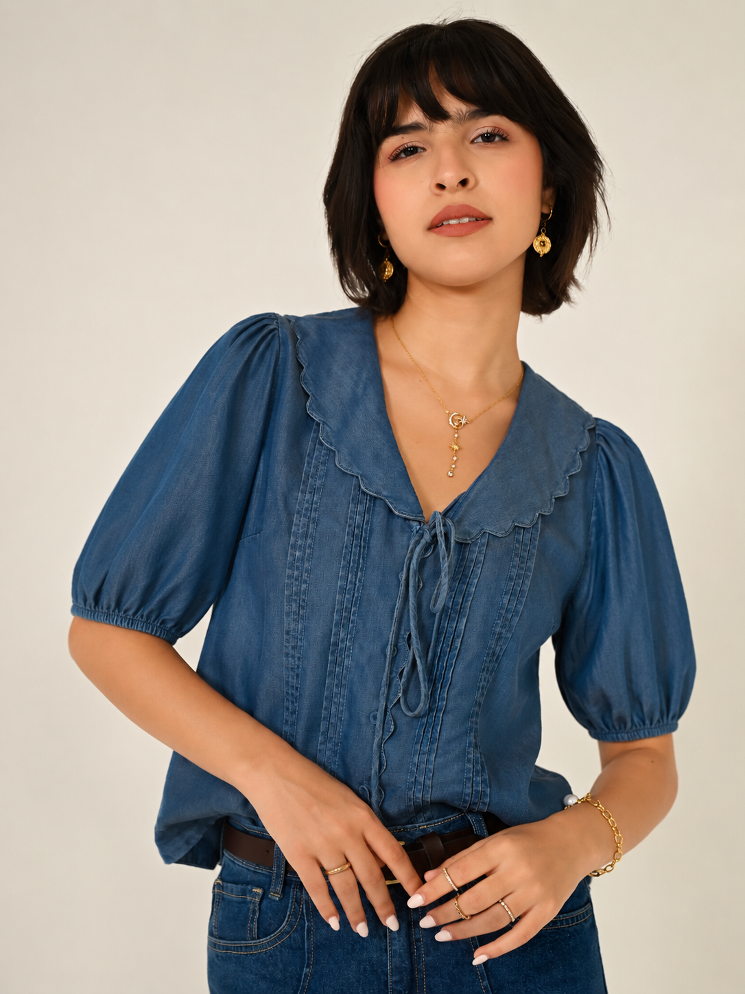 Olive Blue Denim Tencel Collar Blouse
