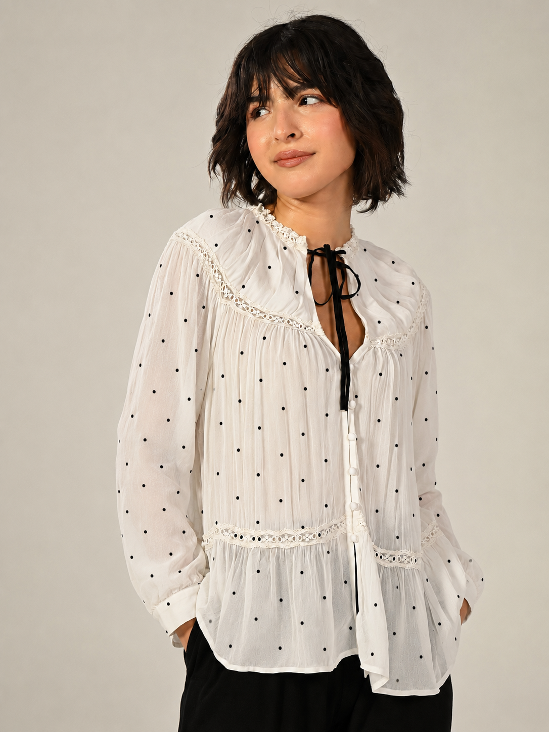 Shelley Ivory Polka Dot Tie Neck Lace Trim Blouse