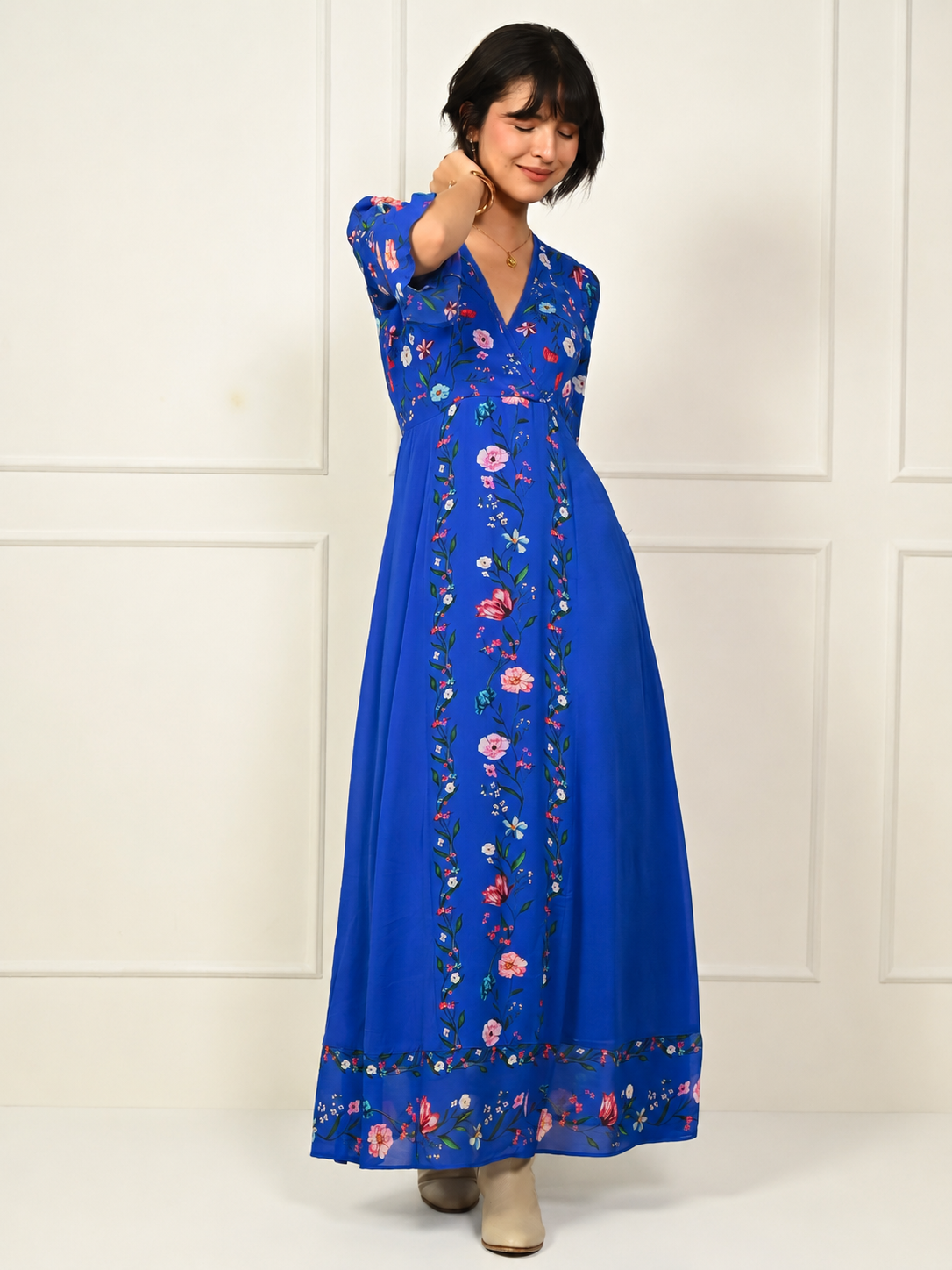 Tory Blue Botanical Floral Border Print Maxi Dress