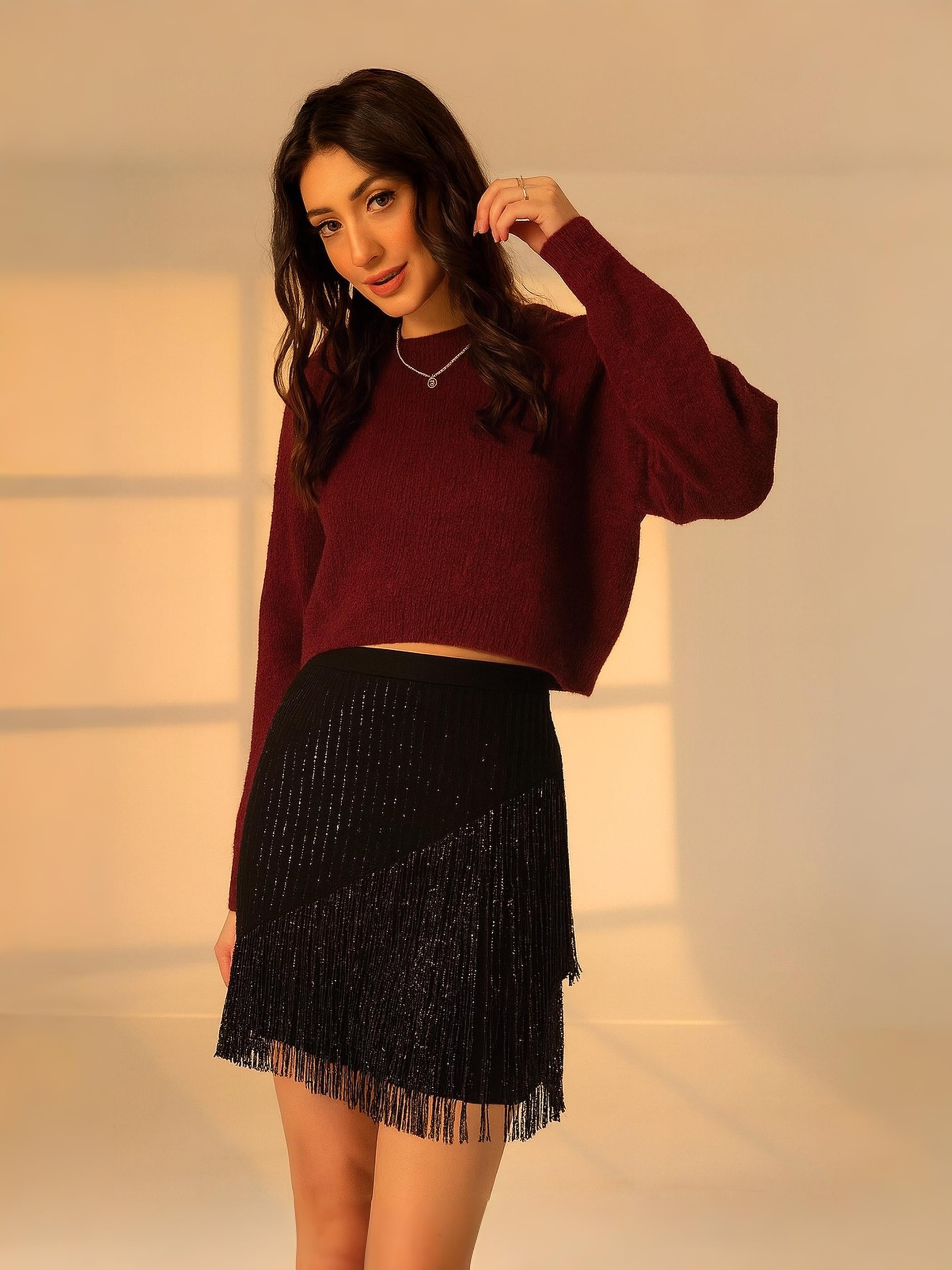 Elsa Black Fringe Beaded Mini Skirt