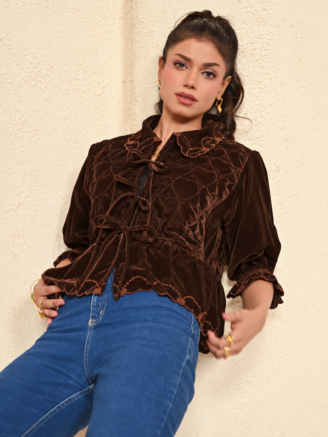 Jay Chocolate Brown Velvet Tie Front Top