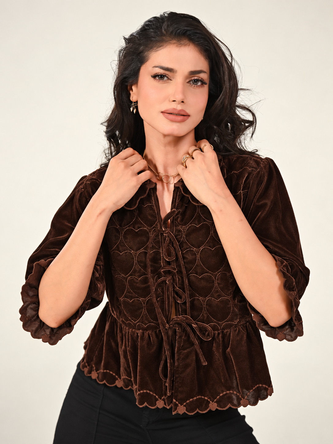 Jay Chocolate Brown Velvet Tie Front Top