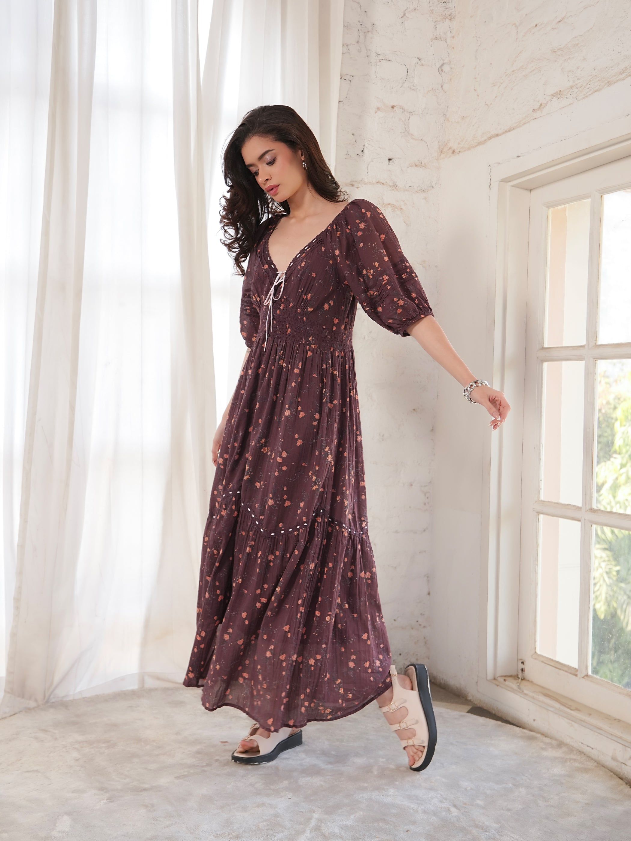 Eloise Burgundy Floral Cotton Crinkle Midi Dress