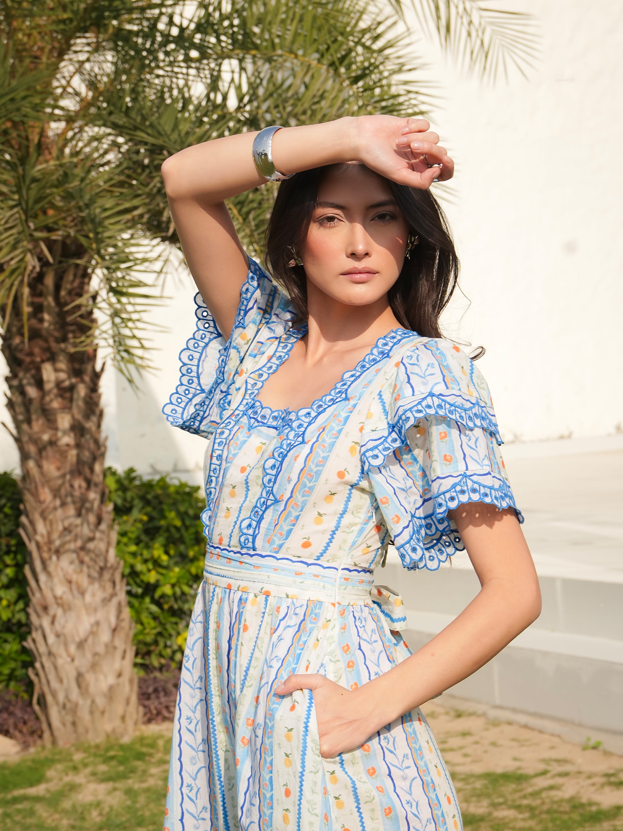 Bella Blue An White Ditsy Print Embroidered Midi Dress