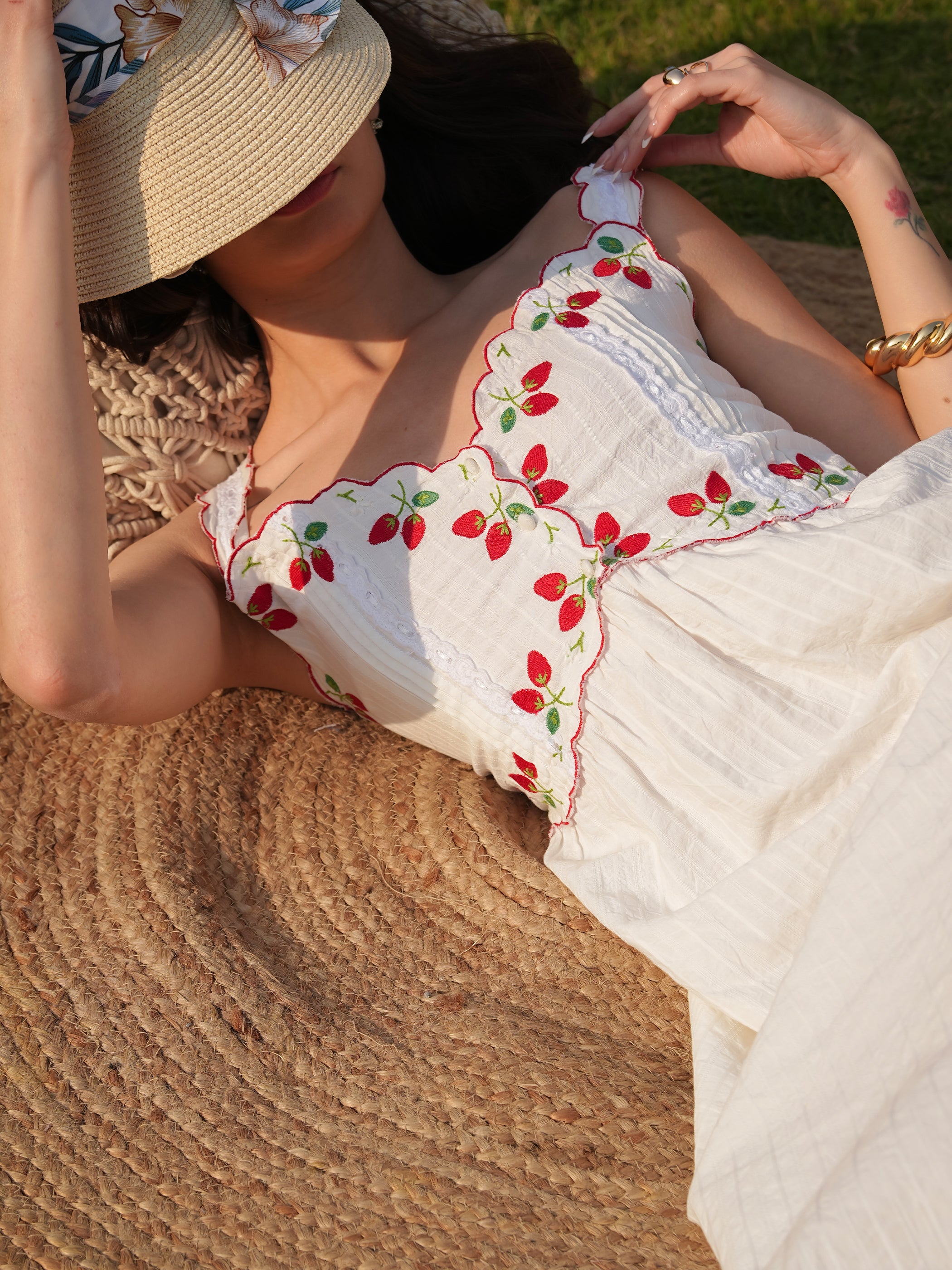 Elsie Strawberry Embroidery Cotton Maxi Dress