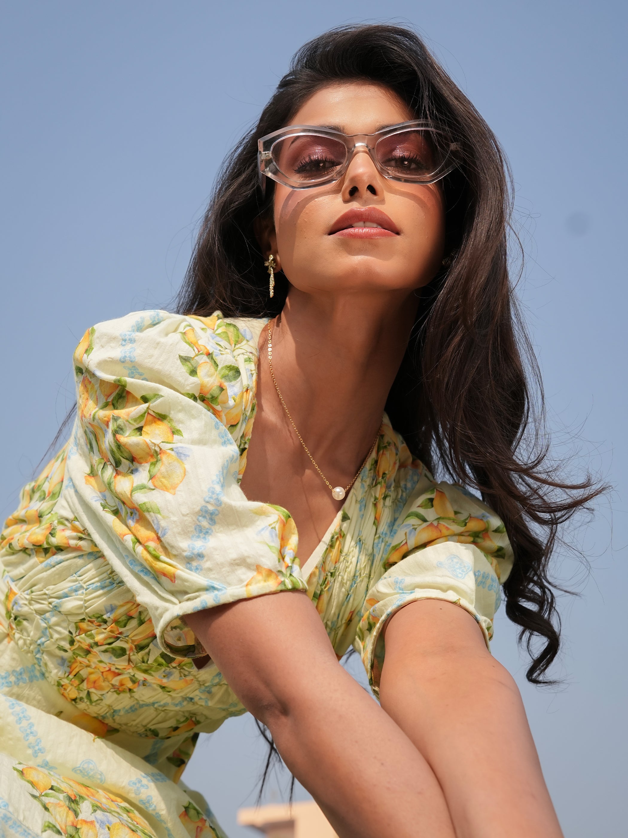 Kirsten Lemon Prnt Smock Detail Cotton Mini Dress