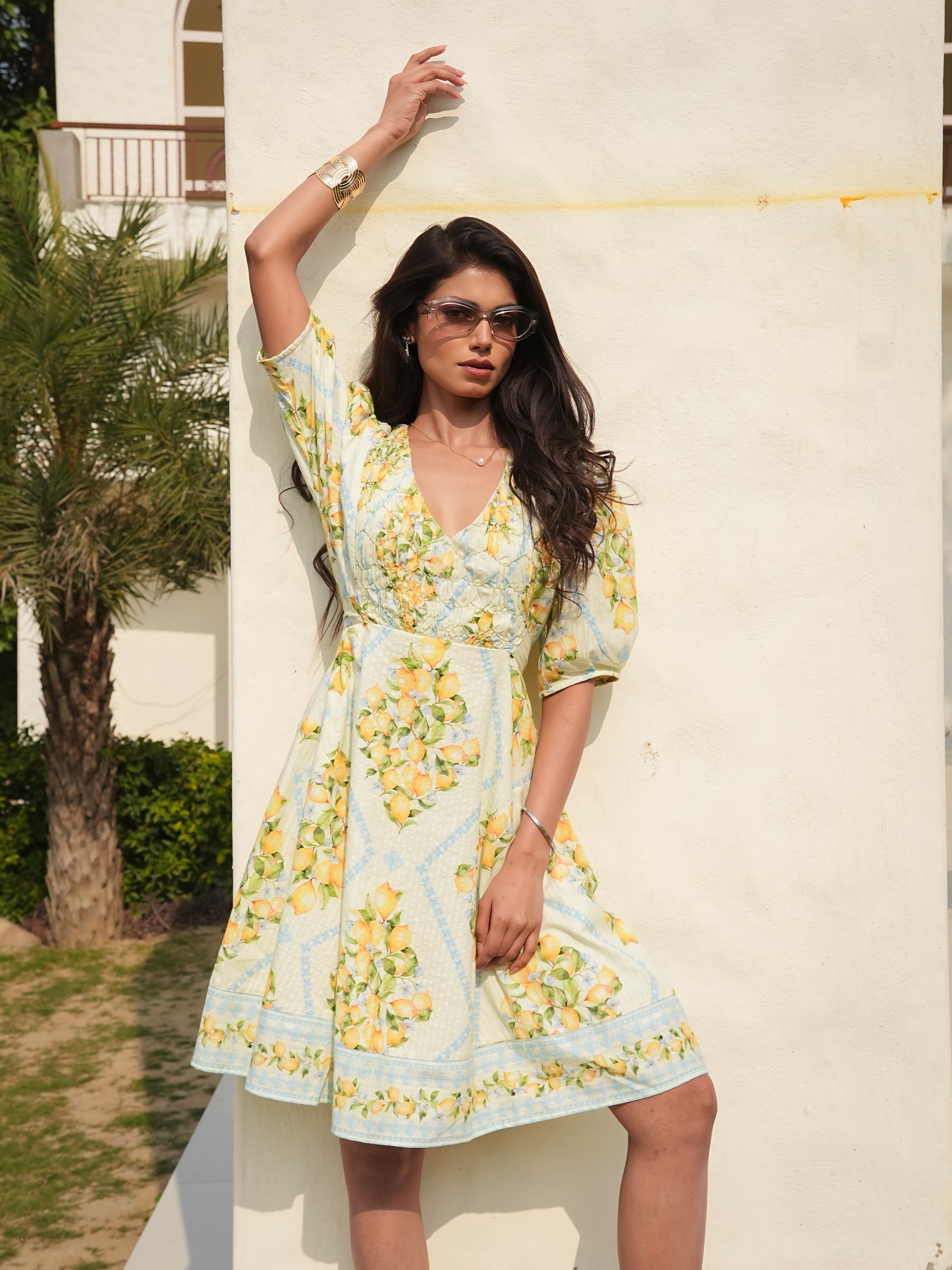 Kirsten Lemon Prnt Smock Detail Cotton Mini Dress