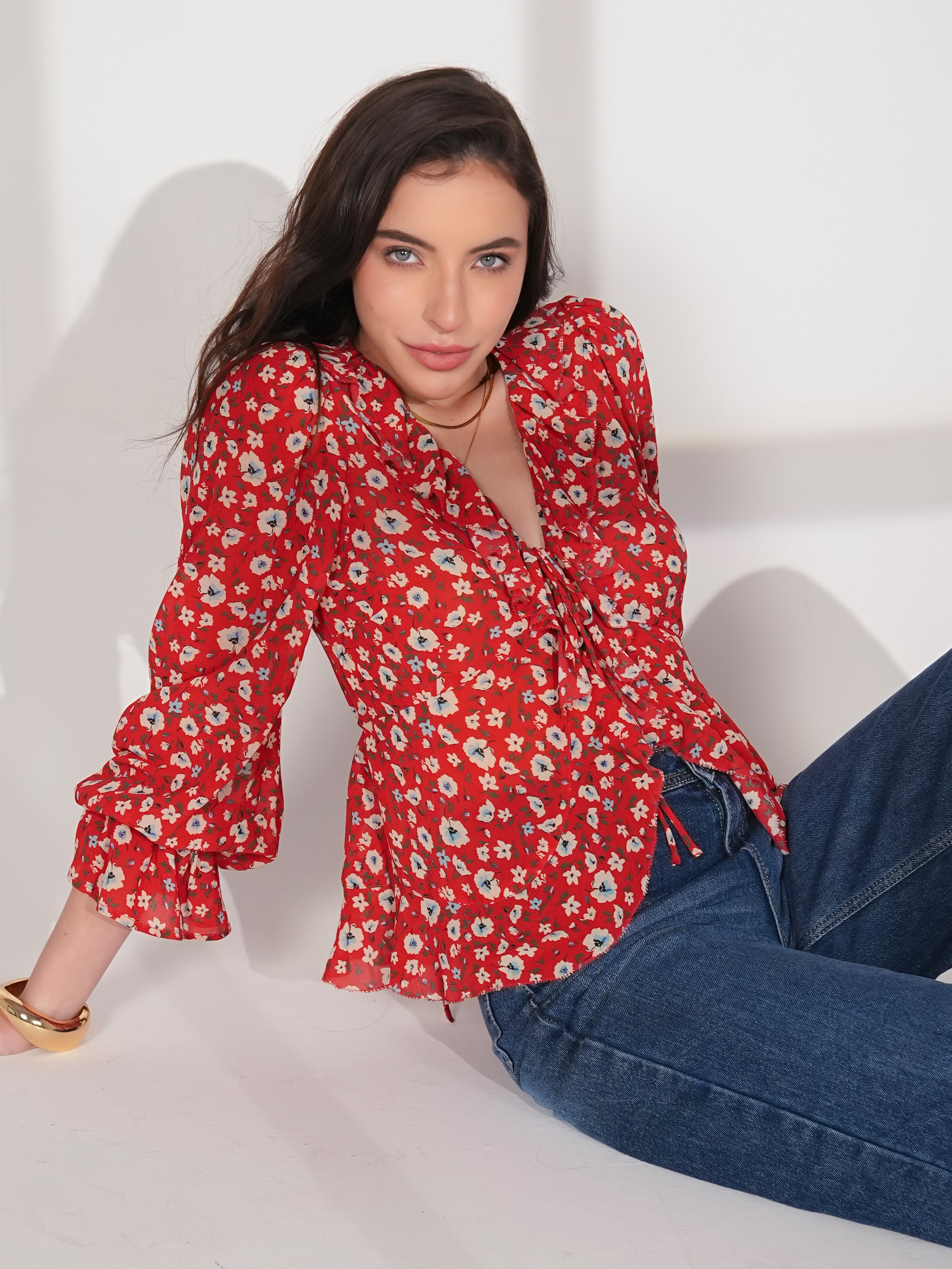 Philippa Red Floral Print Ruffle Blouse